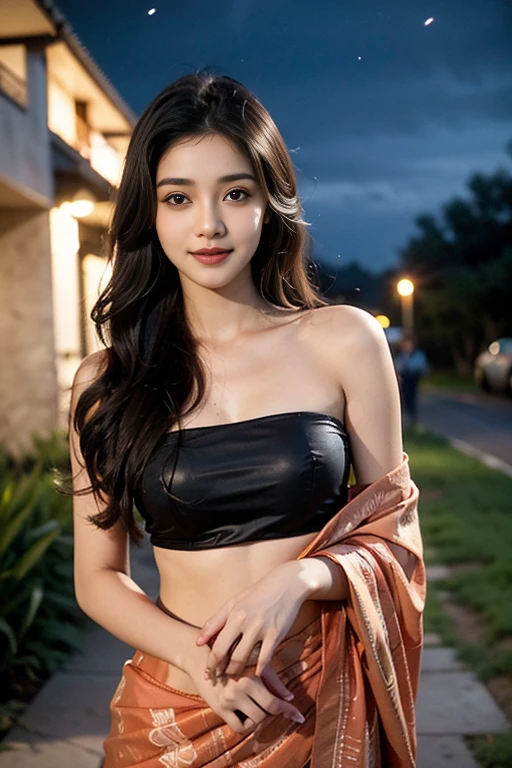 Best quality, masterpiece, ultra high res, (photorealistic:1.4), raw photo, 1girl, offshoulder, in the dark, deep shadow, low key, cold light,wearing a traditional saree, [huge breasts: 1.5] , large boobs, barely covered , seductive smile, pokies