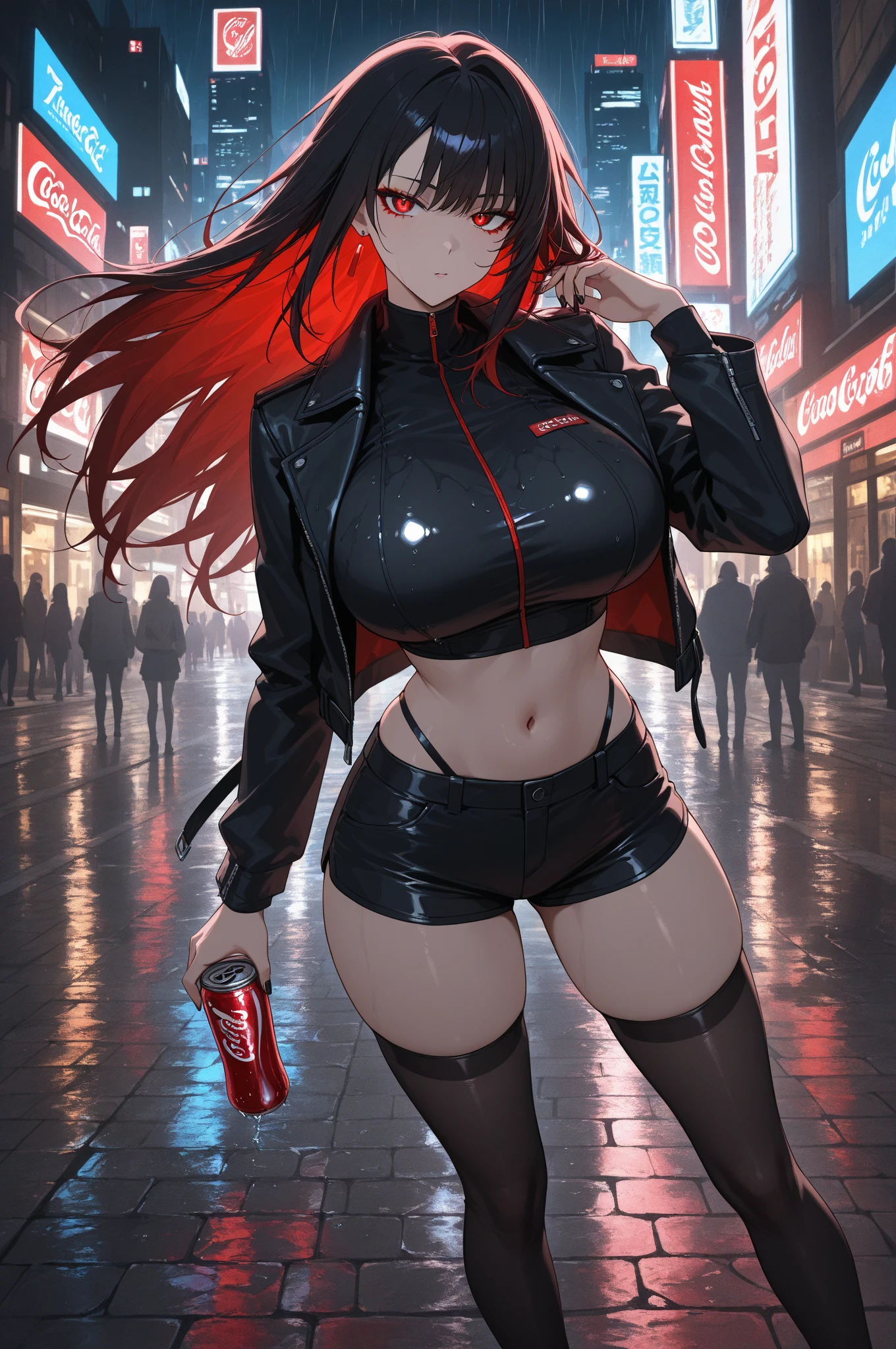 Sexy anime girl went out on a rainy day, she had red hair and sexy legs (she was wearing fishnet stockings) and big breasts (she was wearing a black bra). Then this sexy anime girl walked into an outdoor bar and took her frothy beer and her mouth was open (in sexsy position). was standing) (8k) (4k4k) ultra hdr (Realistic