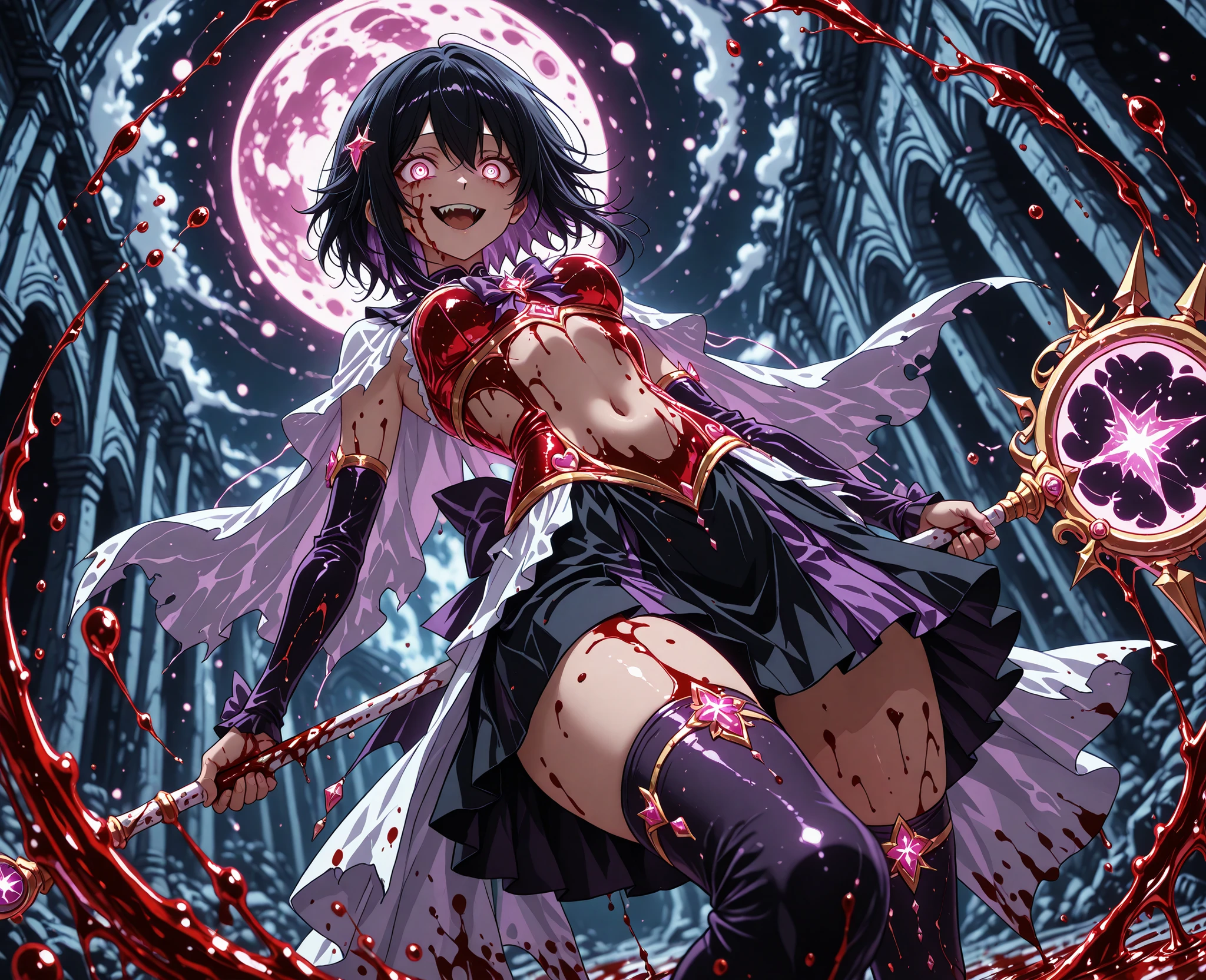 blood on splash, blood drip,blood splatter, blood splash, splash, liquid,Simple Anime Style, JJK Anime Style, line_art, simple_lineart, flat_color, limited_palette, minimal_shading, clean_background, smooth_lines, no_texture,bioluminescent elements, magical light, glow bioluminescent elements, glow magical light, mystical atmosphere, captivating atmosphere, ethereal elements, exude charm and wonder,1girl, masterpiece, crazy eyes, crazy smile, yandere, yandere trance, yandere magical girl, magical girl outfit, midriff, navel, zettai ryouiki, bloody, blood on face, blood on clothes, blood on magical girl staff, from below, convenient censoring, floating above viewer, action pose, dynamic pose, dynamic angle, (foreshortening:1.3),  cinematic lighting, cinematic shadows,