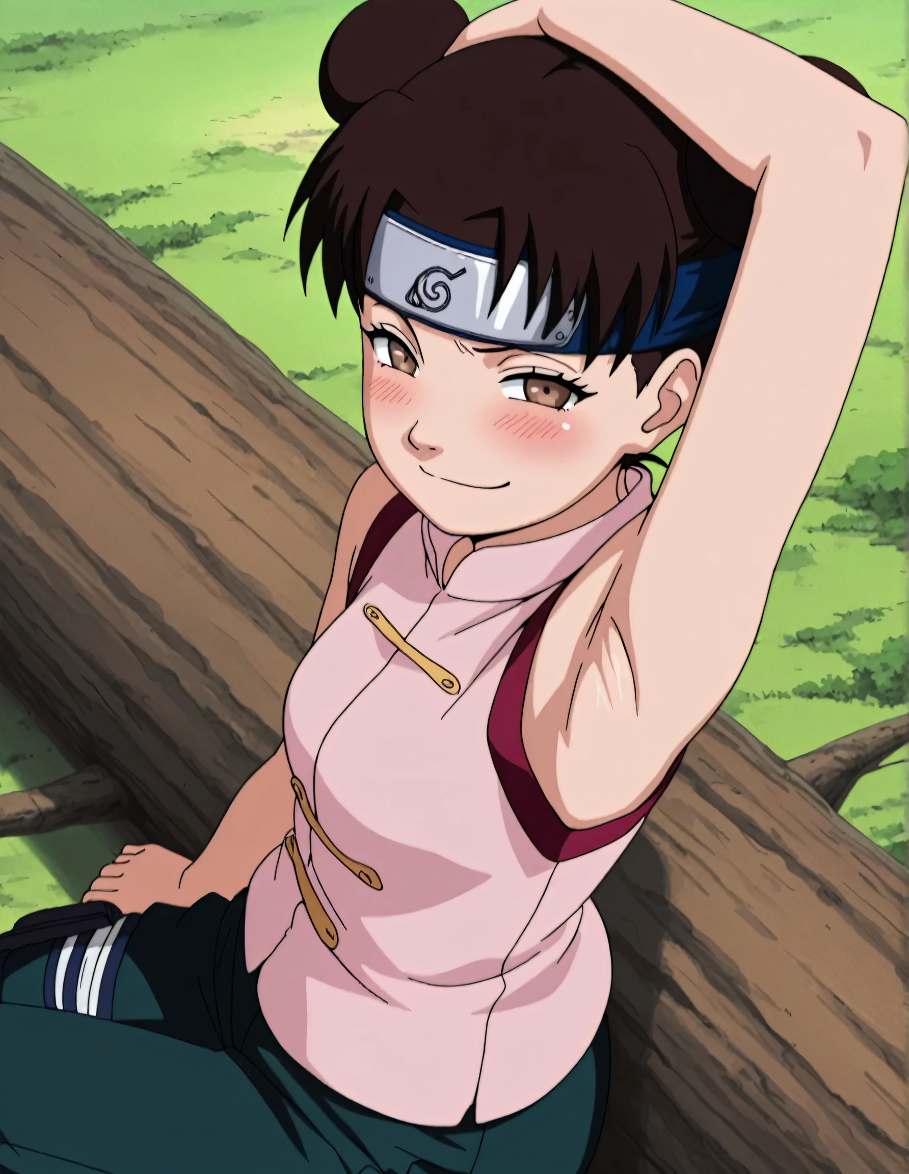 masterpiece, best quality, amazing quality, anime screencap, anime coloring, 1girl, solo, ytenten, brown eyes, brown hair, short hair, double bun, small breasts, forehead protector, konohagakure symbol, bare shoulders, sleeveless shirt, arm on own head, armpit, armpit focus, head towards viewer, looking at viewer, direct eye contact, blush, evil smile, smug, half-closed eyes, closed mouth, confident, outdoors, from side, from above, sitting on a tree log, pants
