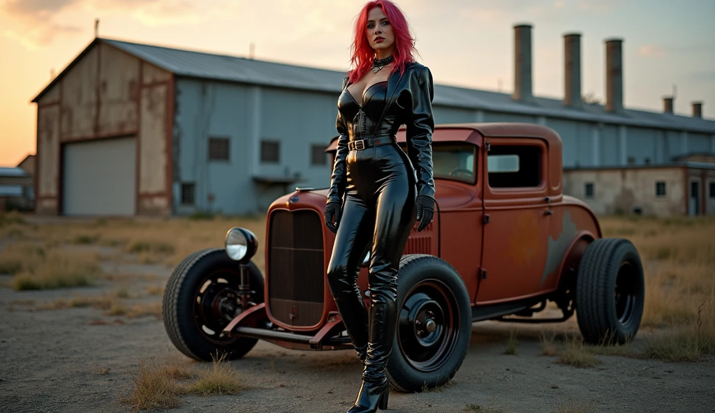 beautiful young woman, similar to marilyn monroe, but short curly pink hair, Red lips, steampunk dress, cyberpunk style, Sitting along a Honda type motorcycle on a dark grunge background, High detail, dark atmosphere, chart, hyperrealistic photography, Cinematic quality, High detail. exposed pubes . very big breasts