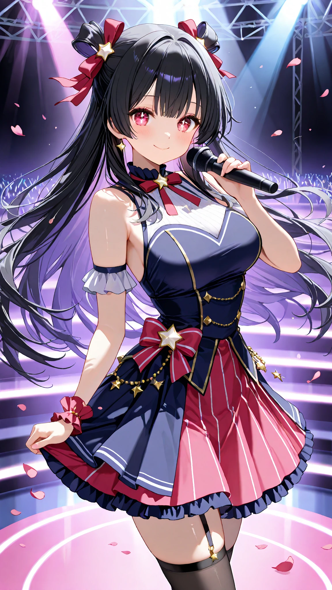 A beautiful anime-style illustration of a girl singing in a karaoke with a dynamic pose and a smiling face. The image captures the energy and excitement of the moment as the girl fully immerses herself in the music. Her eyes sparkle with enthusiasm and her hair playfully sways to the rhythm of the song. The background is adorned with bright lights and striking visual effects, enhancing the lively and festive atmosphere of the karaoke. Every detail, from her facial expression to the folds of her clothing, is meticulously drawn in the distinctive anime style, bringing the scene to life in a charming and captivating way.