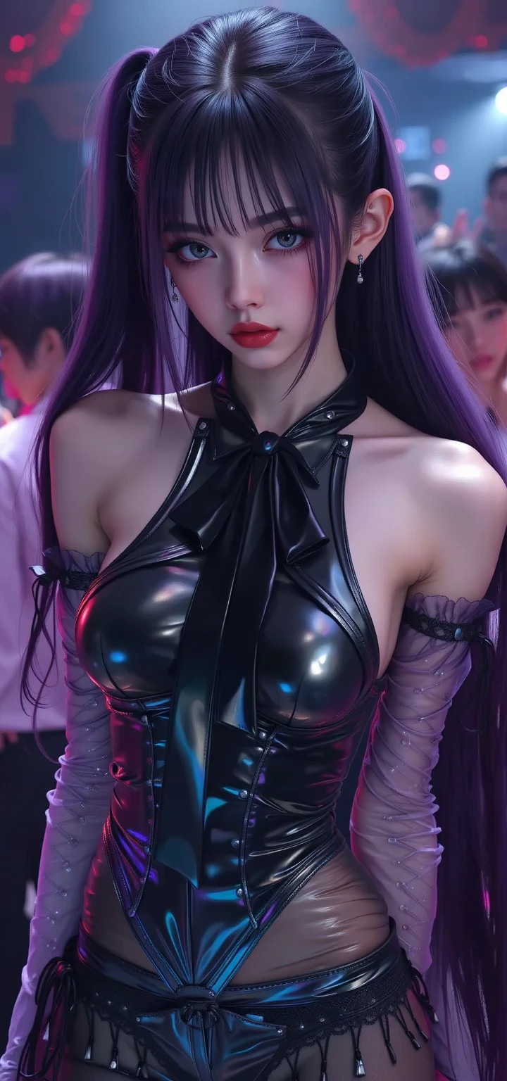 Masterpiece, Best Quality, 1girl, Official, Purple Eyes, Purple Hair, Bustiness, Cowboy Shot, Looking at the Audience, Dark, (Darkness), Cinematic Light, Edge Light, Delicate Eyes, (pureerosface_v1:0.5), Looking at the Audience, (Realisticity: 1.2), Provocative, Honkai Star Track, Cross-legged, Arrogant, Bangs Evil Face, Apocalyptic Background