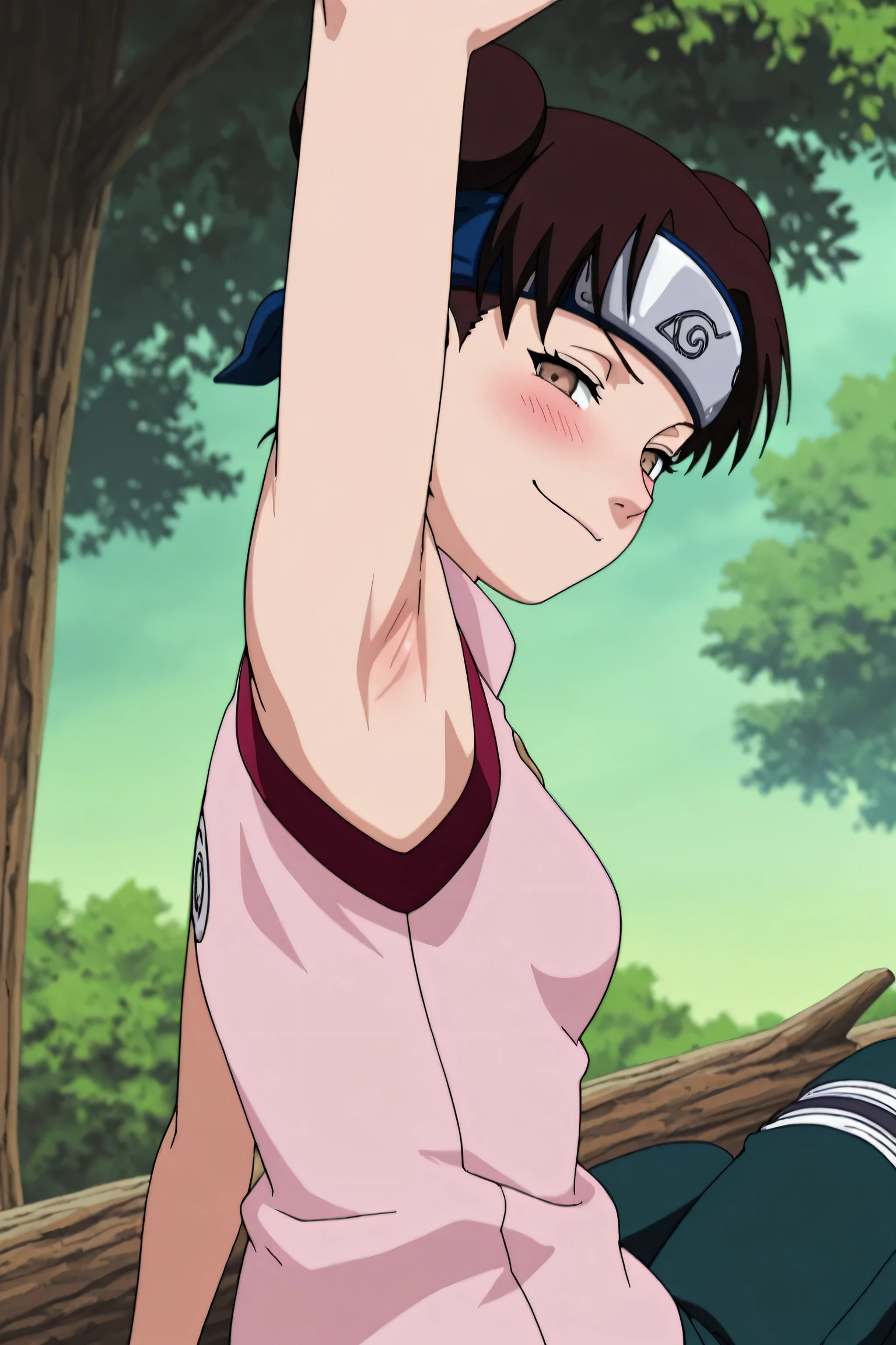 masterpiece, best quality, amazing quality, anime screencap, anime coloring, 1girl, solo, ytenten, brown eyes, brown hair, short hair, double bun, small breasts, forehead protector, konohagakure symbol, bare shoulders, sleeveless shirt, arm up, raised arm, armpit, armpit focus, head towards viewer, looking at viewer, direct eye contact, blush, evil smile, smug, half-closed eyes, closed mouth, confident, outdoors, from side, from behind, sitting on a tree log, pants