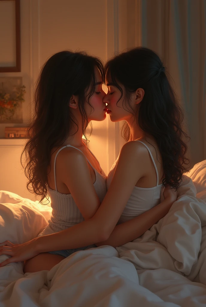 two girl kissing,,(bright lighting,romantic setting),dreamy background,,dark hair, mesmerizing gaze, , soft skin, alluring beauty, artistic portrait, high-quality image, vibrant colors,translucent long silk gown, mosquito net, lying down, romantic bedroom,bondage 