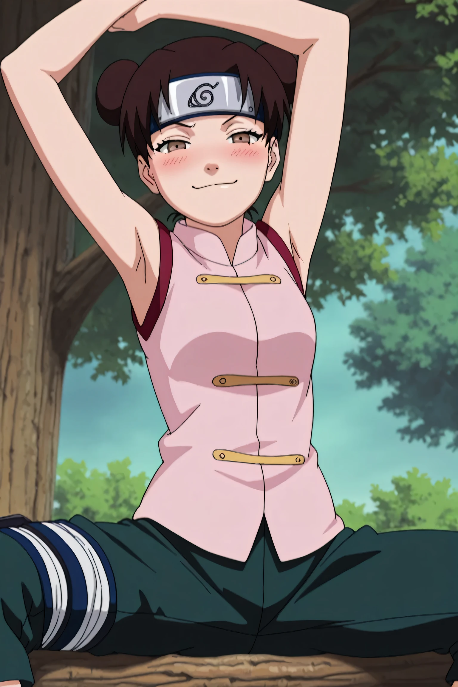 masterpiece, best quality, amazing quality, anime screencap, anime coloring, 1girl, solo, ytenten, brown eyes, brown hair, short hair, double bun, small breasts, forehead protector, konohagakure symbol, bare shoulders, sleeveless shirt, arms up, raised arm,s armpits, armpits focus, head towards viewer, looking at viewer, direct eye contact, blush, evil smile, smug, half-closed eyes, closed mouth, confident, outdoors, from side, from behind, sitting on a tree log, pants, spread legs