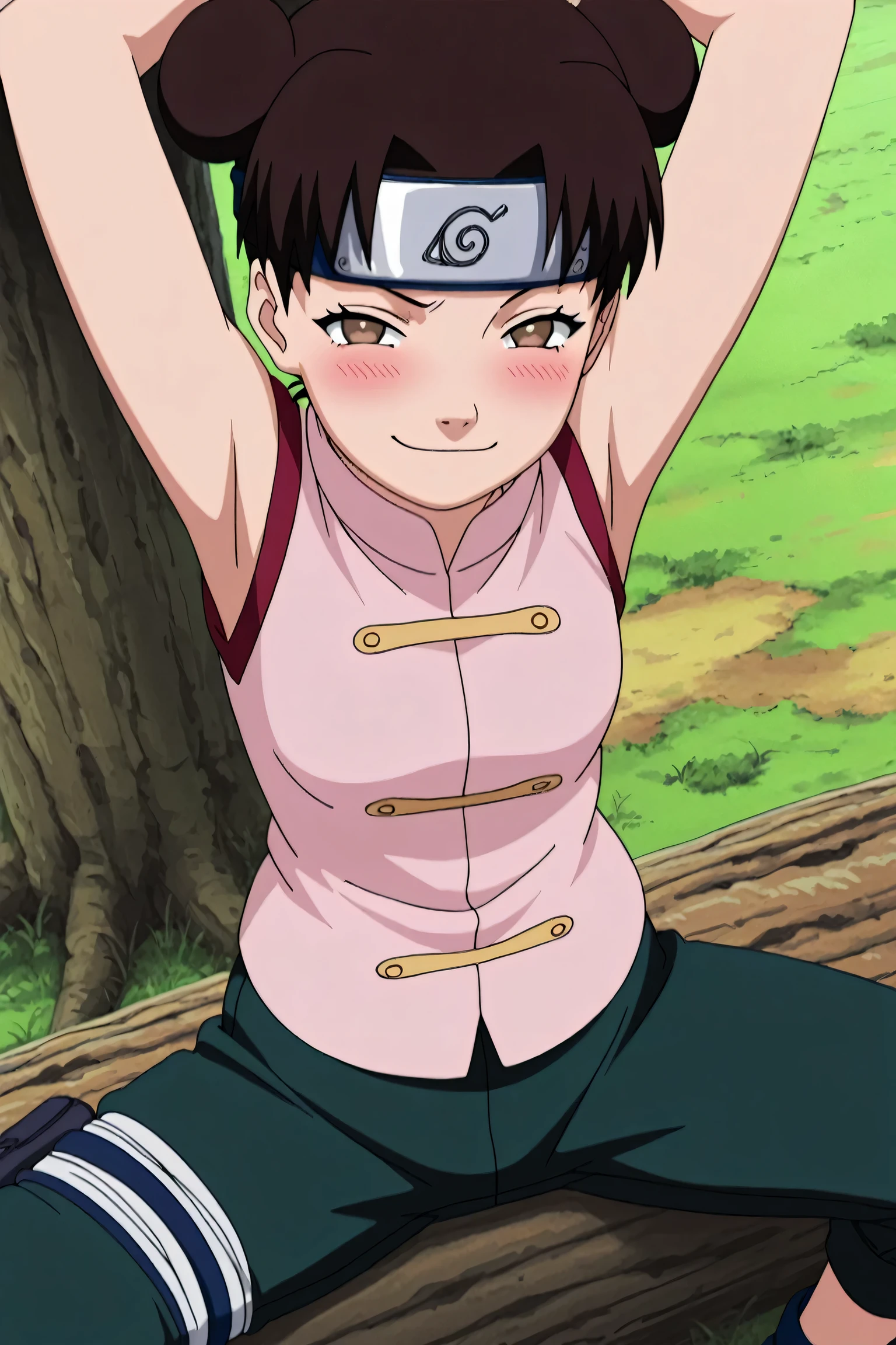 masterpiece, best quality, amazing quality, anime screencap, anime coloring, 1girl, solo, ytenten, brown eyes, brown hair, short hair, double bun, small breasts, forehead protector, konohagakure symbol, bare shoulders, sleeveless shirt, arms up, raised arm,s armpits, armpits focus, head towards viewer, looking at viewer, direct eye contact, blush, evil smile, smug, half-closed eyes, closed mouth, confident, outdoors, sitting on a tree log, pants, spread legs, from above
