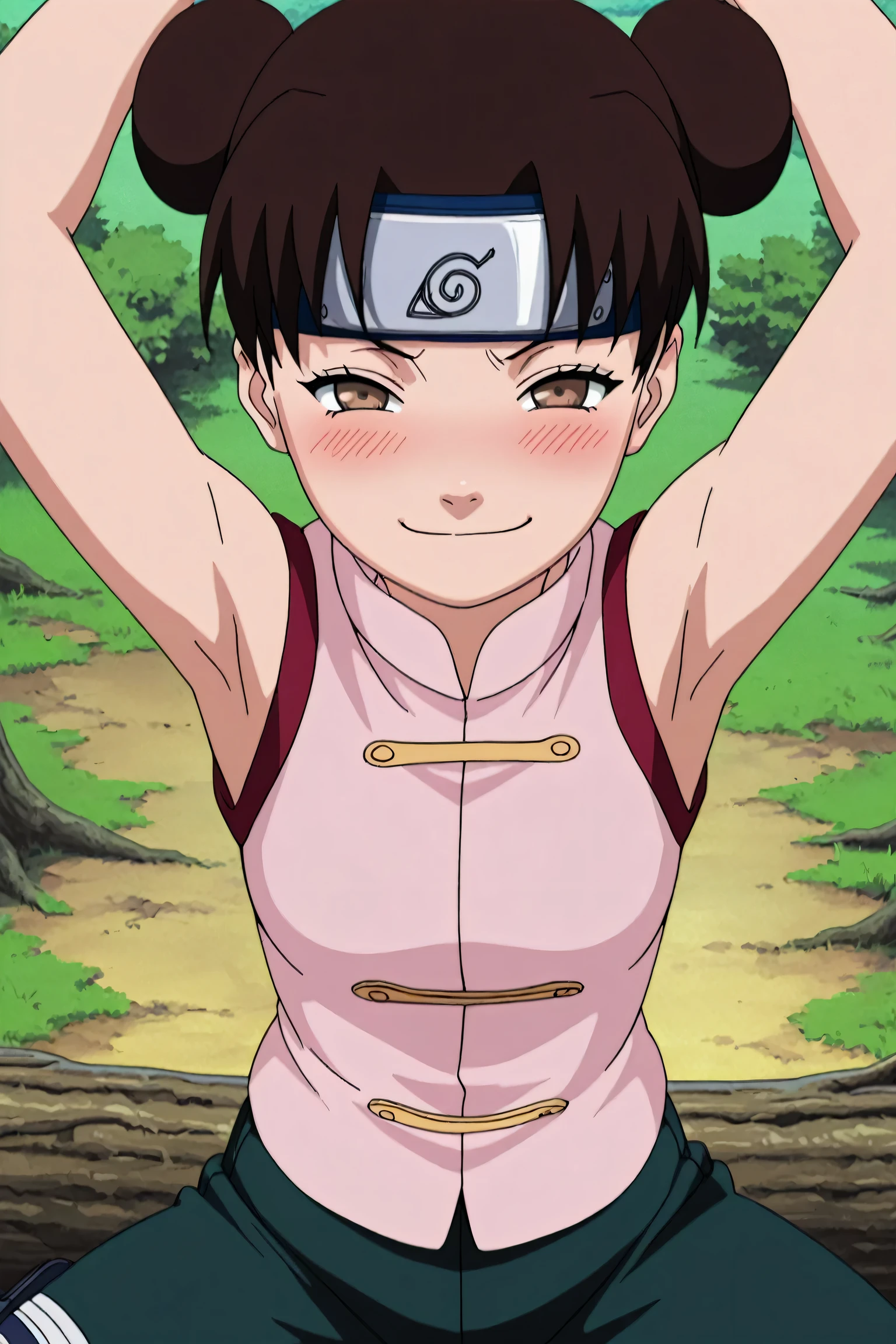 masterpiece, best quality, amazing quality, anime screencap, anime coloring, 1girl, solo, ytenten, brown eyes, brown hair, short hair, double bun, small breasts, forehead protector, konohagakure symbol, bare shoulders, sleeveless shirt, arms up, raised arm,s armpits, armpits focus, head towards viewer, looking at viewer, direct eye contact, blush, evil smile, smug, half-closed eyes, closed mouth, confident, outdoors, sitting on a tree log, pants, spread legs, from above