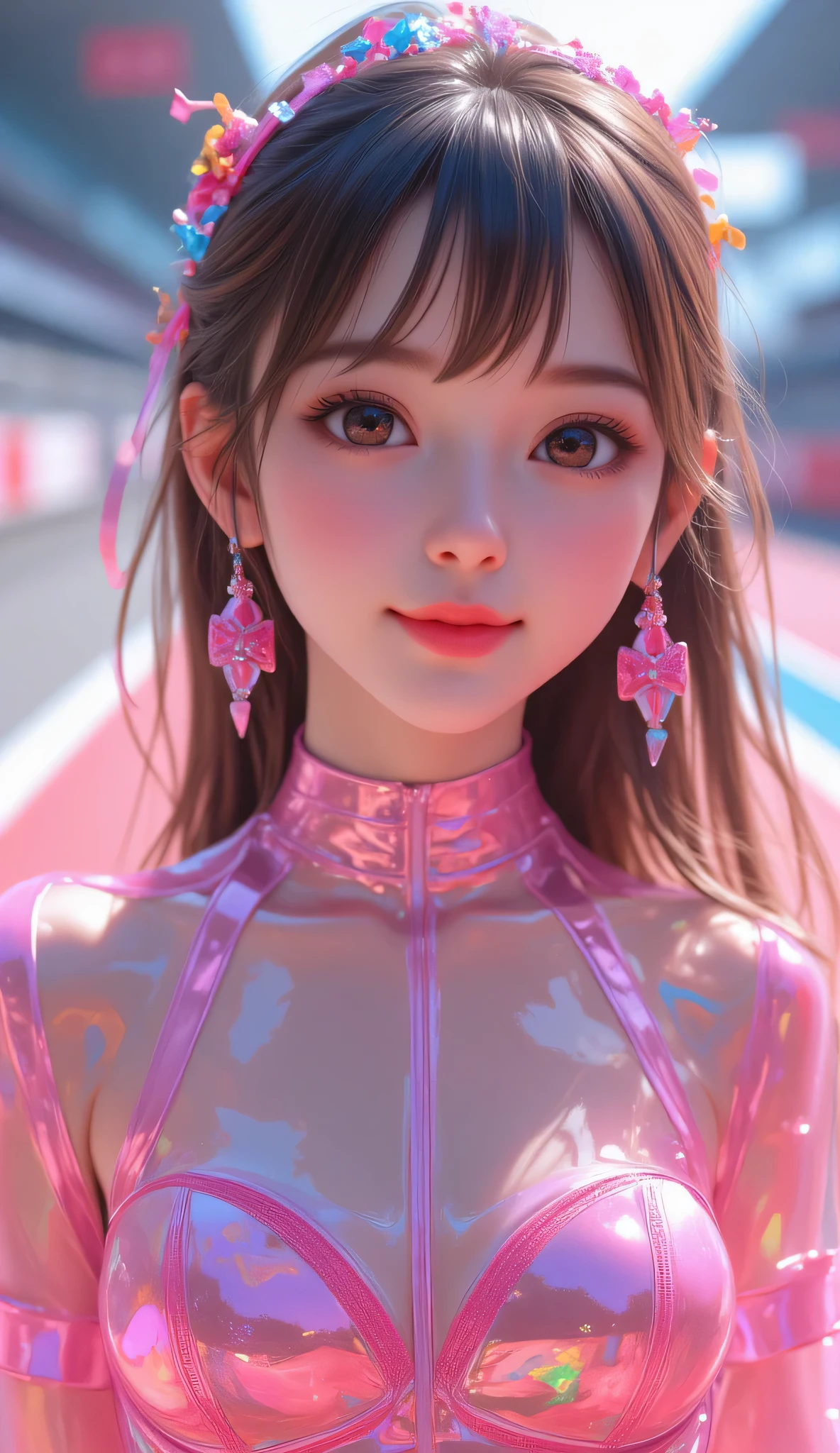 Masterpiece, hyperrealistic, highres, best quality, ultra detailed, Cinema 4D, Octane render, Innovative, 1girl, perfect waifu,, super cute and sexy girl, super hot girl, super beautiful long brown hair, high ponytail, perfect body, full body, very detailed and shiny blue slanted eyes, super juicy lips, perfect body, full body, shiny skin, super delicate and sexy body, wearing an anime printed super tight short sleeve crop top, super tight translucid leggings, beautiful sexy and cute panties, pink jordans, in a popular futuristic cinema, Professional quality, Unreal engine