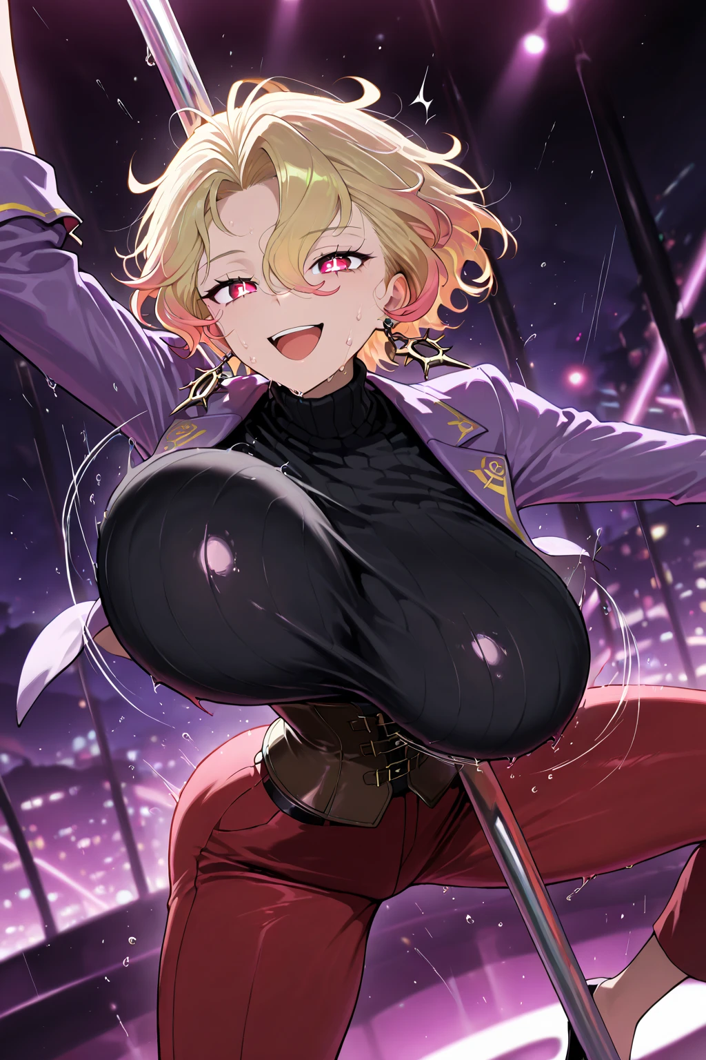 pico, short hair, green eyes, blonde hair,,,　　,　Live Stage, Big Breasts, formal dress　alone , nipple