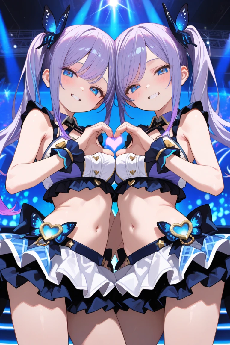 Two girls standing in front of a painting、laugh face、Water droplets on the cheeks、Dance Practice、Rotational jump、bustup、Eye Up、Flowing iridescent silk、Cosmic petals