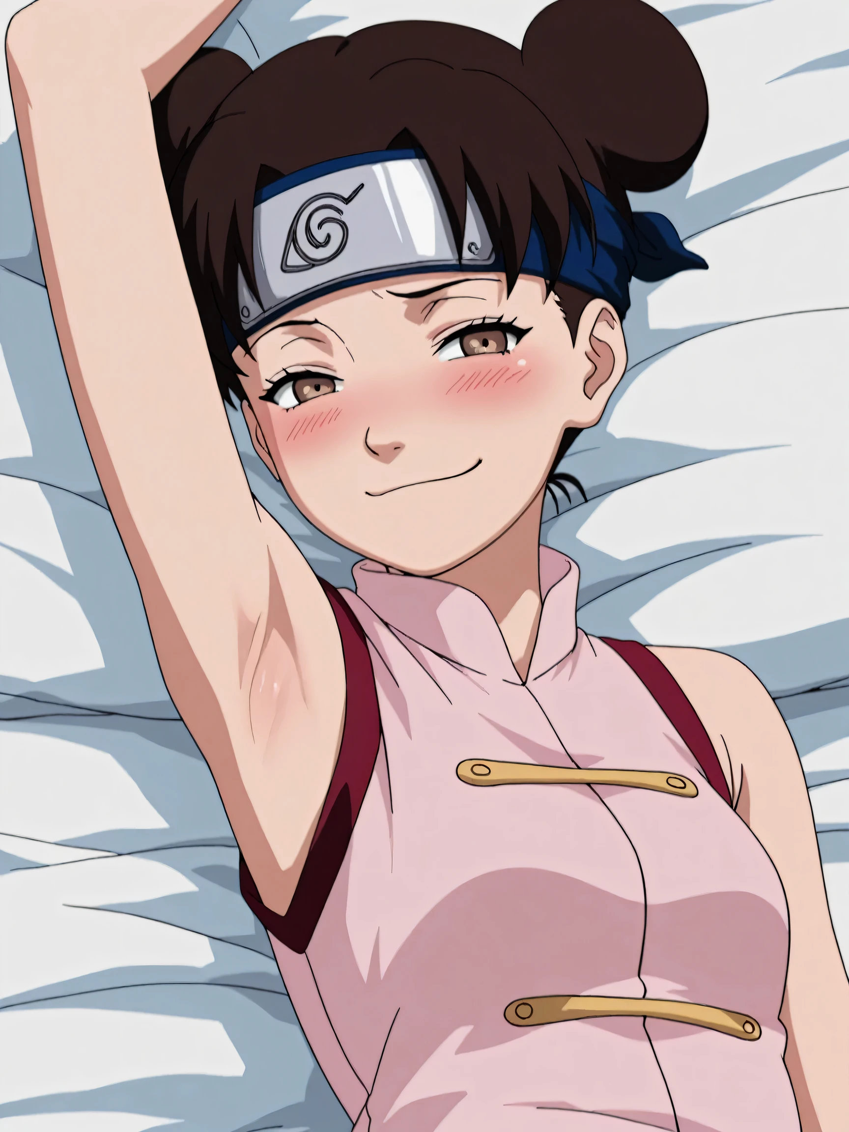 masterpiece, best quality, amazing quality, anime screencap, anime coloring, 1girl, solo, ytenten, brown eyes, brown hair, short hair, double bun, small breasts, forehead protector, konohagakure symbol, bare shoulders, sleeveless shirt, arm up, raised arm, armpit, armpit focus, head towards viewer, looking at viewer, direct eye contact, blush, evil smile, smug, half-closed eyes, closed mouth, confident, lying in bed