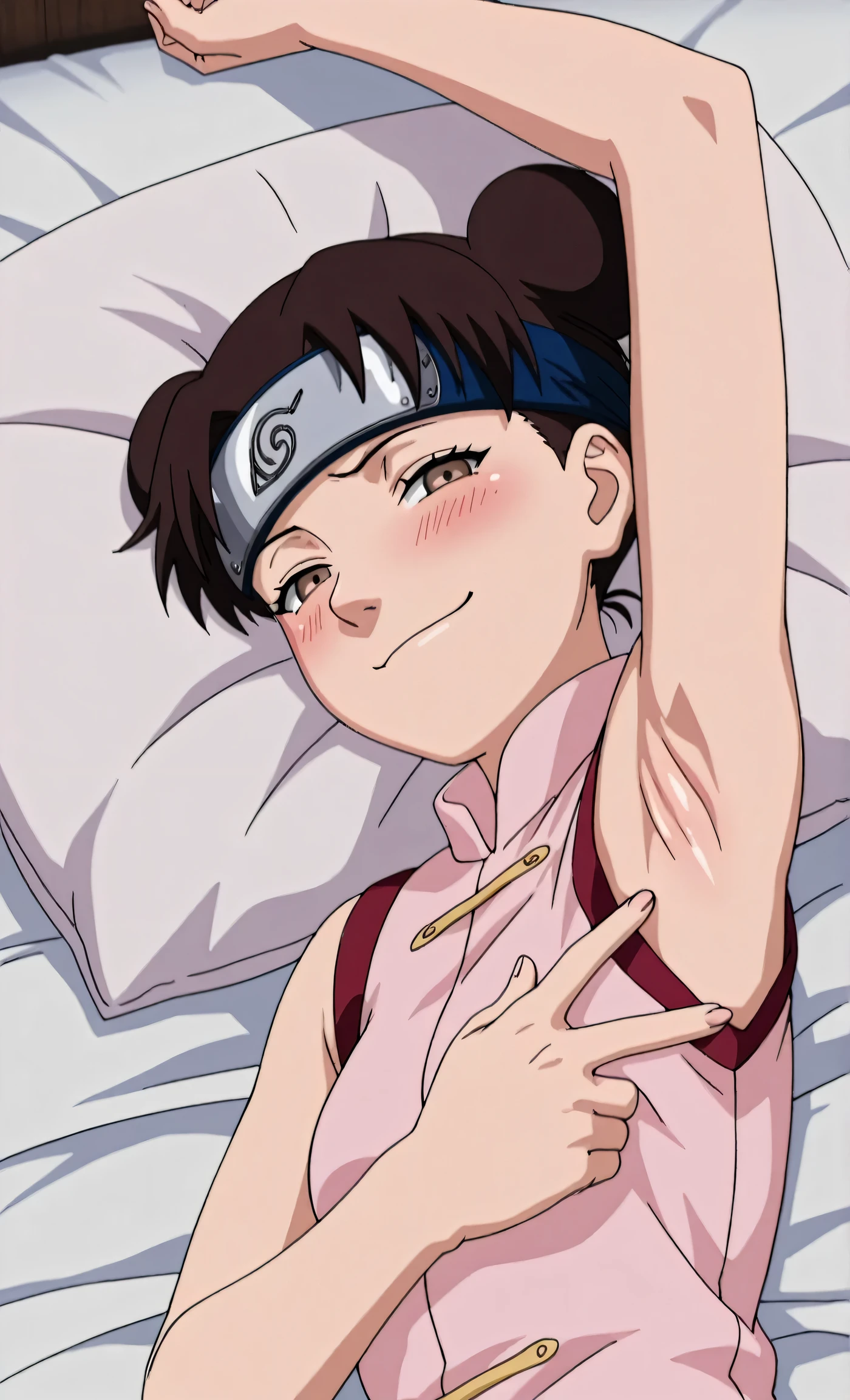 masterpiece, best quality, amazing quality, anime screencap, anime coloring, 1girl, solo, ytenten, brown eyes, brown hair, short hair, double bun, small breasts, forehead protector, konohagakure symbol, bare shoulders, sleeveless shirt, arm up, raised arm, armpit, armpit focus, head towards viewer, looking at viewer, direct eye contact, blush, evil smile, smug, half-closed eyes, closed mouth, confident, lying in bed, lying on side, from above, pillow, spread armpit