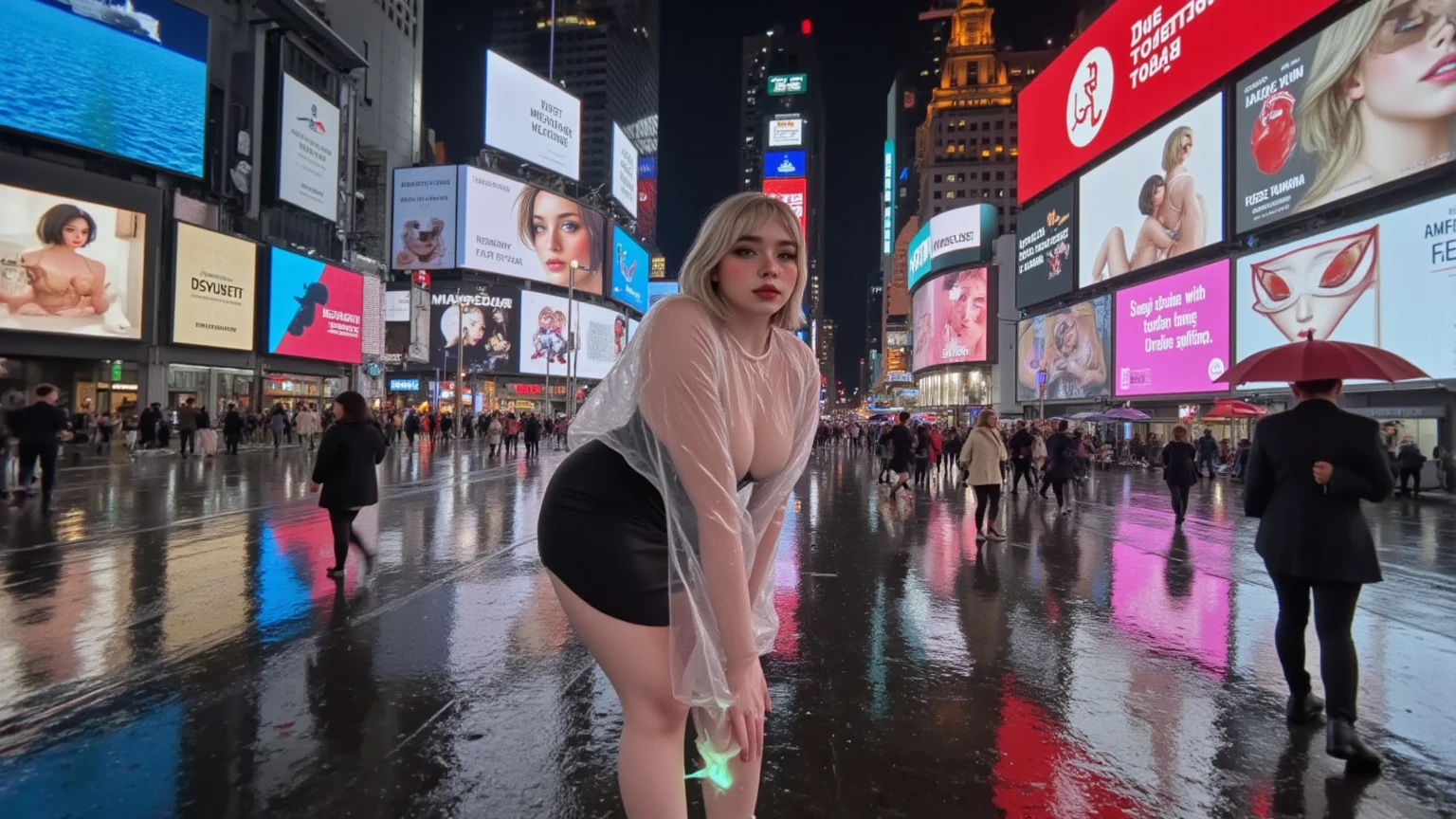 Beautiful 65 year old grandmother, elderly woman with white hair, with her back to the camera showing a huge ass, Very slender waist, wide hip, beautiful grandmother, beautiful old woman, night and urban scenery with bokeh and flares on camera
