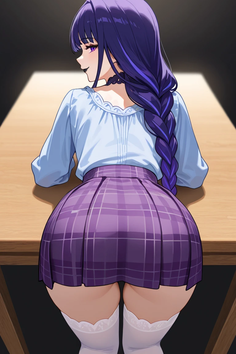 (score_9, score_8_up, score_7_up), (source_anime), (ai-generated), (insanely detailed), (PA7_Human-Likeness), (Brightly-lit), (Maximize Detail Slider) BREAK sex, (sex from behind:1.5), raiden shogun, purple hair, purple eyes, bangs, low braid, long hair, blue blazer, bent over, classroom, red skirt, full-face blush, collared shirt, lust, anus, (moaning:1.5), (makeup), penis, vaginal, fucking, (interracial), (deep penetration), uncensored, (big ass)