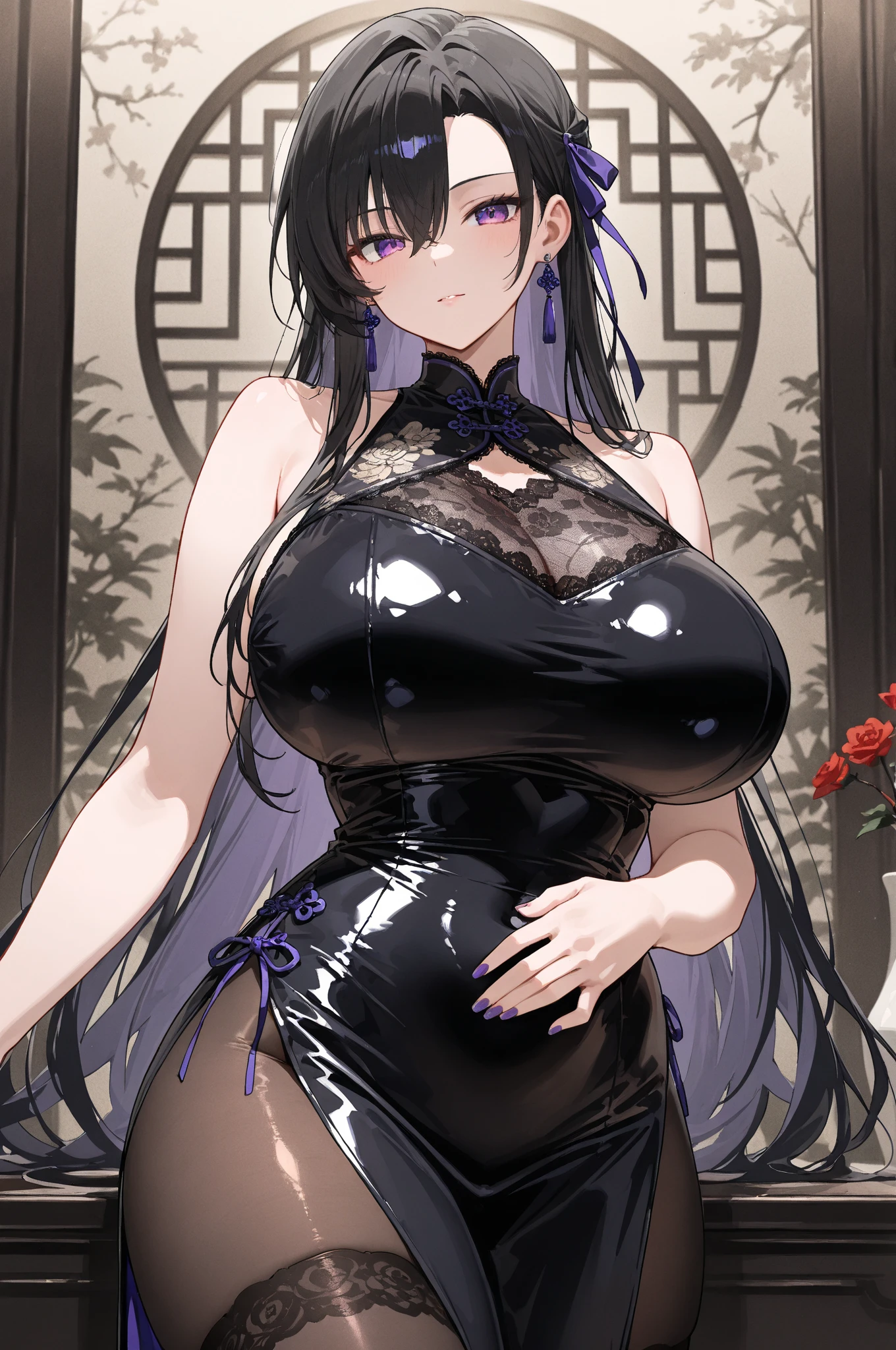 masterpiece, Score_9, Score_8_up, Score_7_up, front view, 1 woman, alone, black hair, long hair, parted bangs, purple eyes with dark blue, half-closed eyes, parted lips, expressionless, pale skin, large breasts, best quality, long and open bangs, black sleeveless shirt, V-neckline, black and purple dress, high heels.