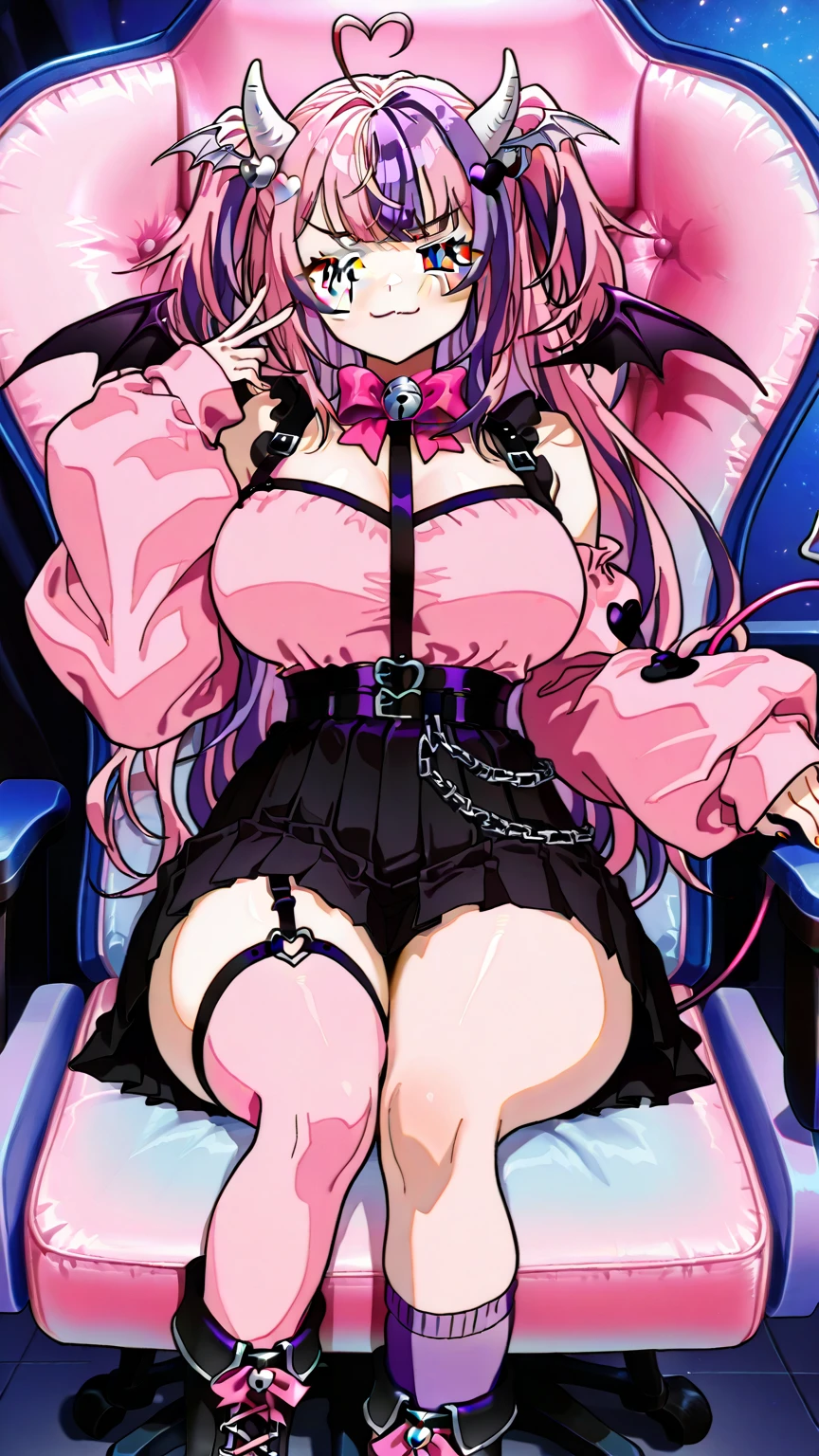 (masterpiece),(Highest quality),(Super detailed),(Best illustrations),(Best Shadow),(Absurd),(Detailed Background),(so beautiful), 16K,(Highest quality), 8k, 4K, (so beautiful)Extia, One girl, alone, Big Breasts, Long Hair, , , Hair between the eyes, , , empty eyes, blank eyes, , , , wrist cuffs, sweat, Dramatic lighting, psychedelic, Pleated skirt, colorful, , orgasm, afterglow, erotic smile, pussy, crimson lip, Beautiful nipples, bunny suit, , , Sexy posture, dynamic pose, , cross-eyed, rolling eyes, , garter belt, dark church background, , One devil tail, A lot of sweat glistens all over the body, , stained glass, , saliva trail, full-face blush, Detailed super oily shiny skin, , , orgasm, , , arched back, , torogao, ahegao, , pink neon, BREAK, (Slime-dripping costume:0.7), Oculogyric crisis, night, Heart-shaped pupils