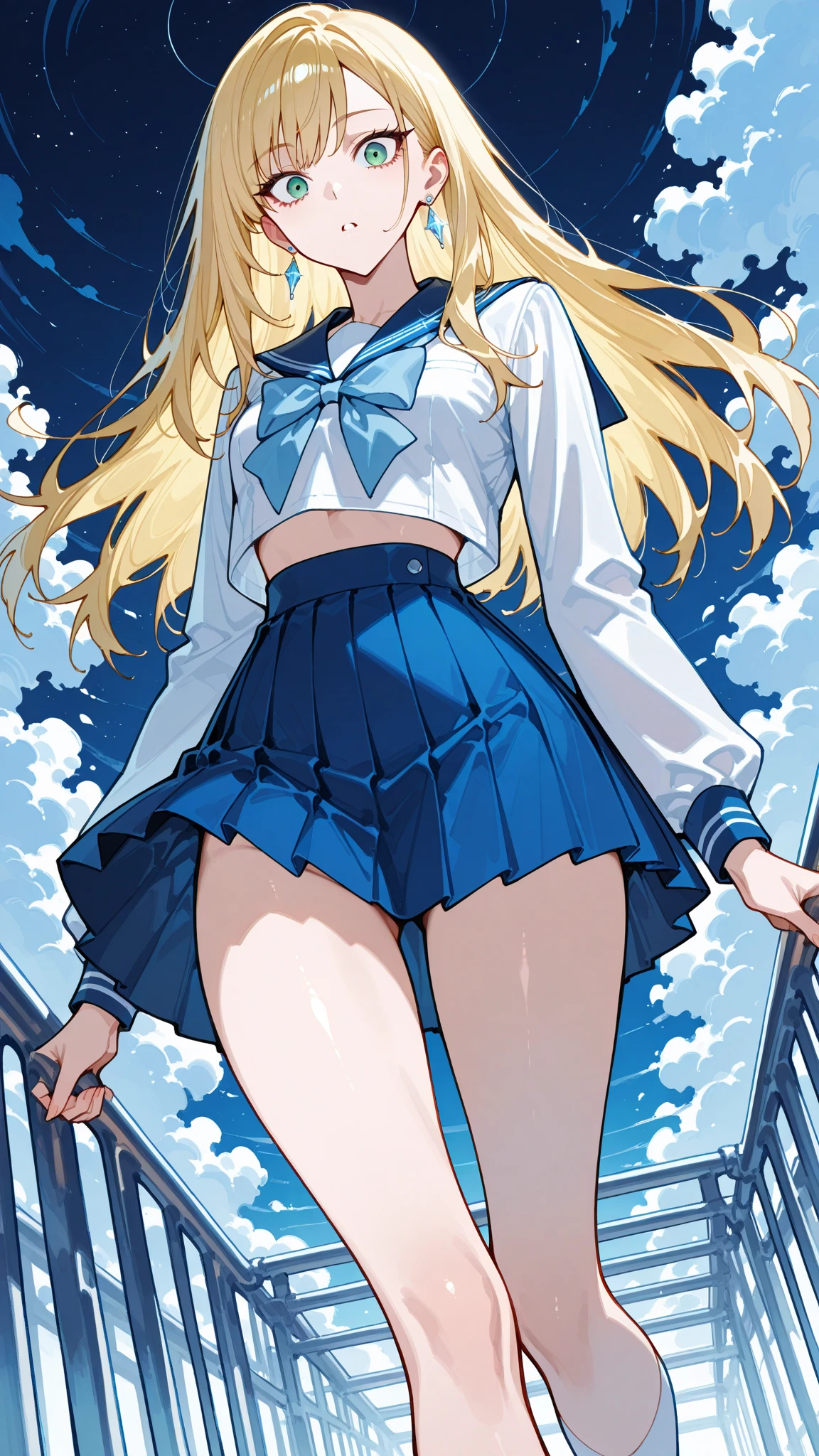 Beautiful long blonde hair　Embarrassing　blue eyes 　Tears overflow from my eyes　diaper　A girl wearing a long-sleeved sailor suit　　Pleated skirt　　School corridor at night　Skirt lifted　Open your legs