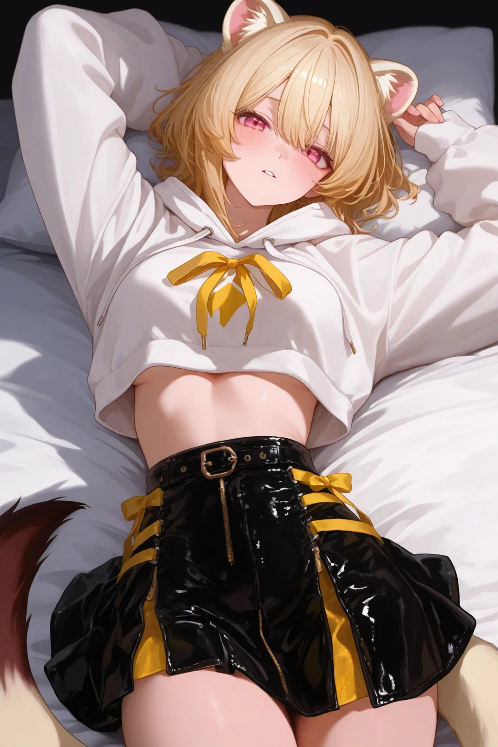 "(best quality,4k,8k,highres,masterpiece:1.2),(masterpiece), best quality, expressive eyes, perfect face, male, 1boy, solo, in skirt, stockings, embarrassment, open belly, this body, lying on bed, Mikaela, Mikaela Hyakuya, Mikaela attire, blonde, blue eyes, short hair, blush