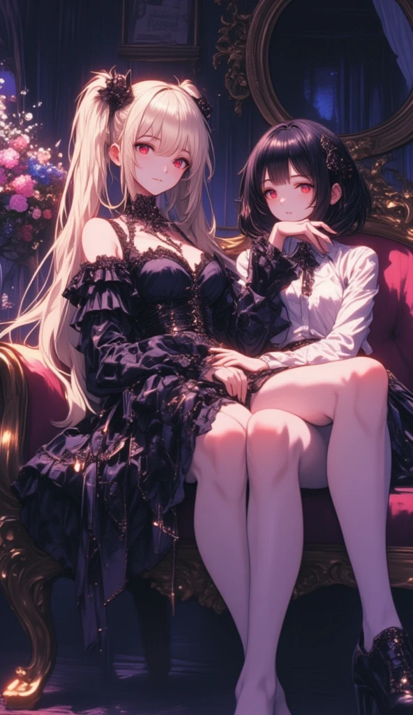 2girl, 1girl sitting on 2girl lap, knee up, 1girl long pink hair, 2 girl black hair, 1girl big tits, 2girl with bra , the 2nd girl hand holds the 1st girl’s waist, the 1st girl was a bit more standing than sitting, just one chair, looked each other, naked