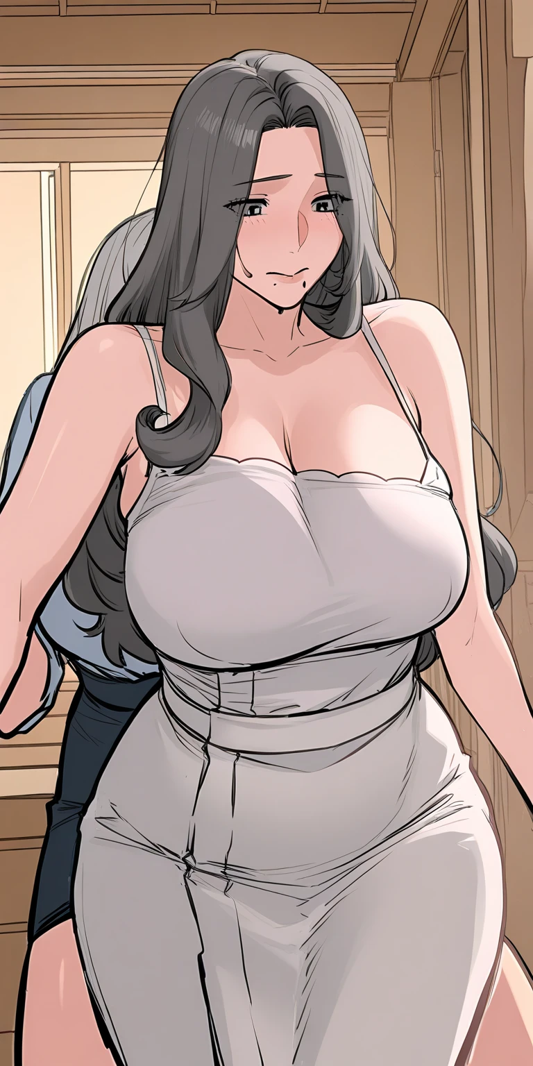 Best_QualityPos, RAW photo, intricate details, best quality, 8k uhd, soft lighting, 1girl, solo, white blouse, black hair, long hair, older woman, milf, soft figure, curvy, large breasts, cleavage, looking at viewer, surprised expression, incase,