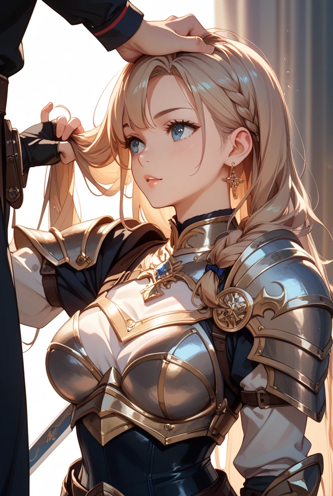 optimum,tmasterpiece,A high resolution,best qualtiy,hyper HD,super detailing,Award-Awarded,16k,独奏,(The upper part of the body),anatomy correct,Beautiful steampunk girl,Lady Knight,cute face,high light,Gradient Beige Hair,Hairline,((Scarlet eyes)),long eyelasher,Hanging eye corners,White skin of the,(small boobs),(Slim body),(Heart armor),((College uniform with blazer)),(),ear studs,(neck rings),(Metal Material Apparel:1.2)