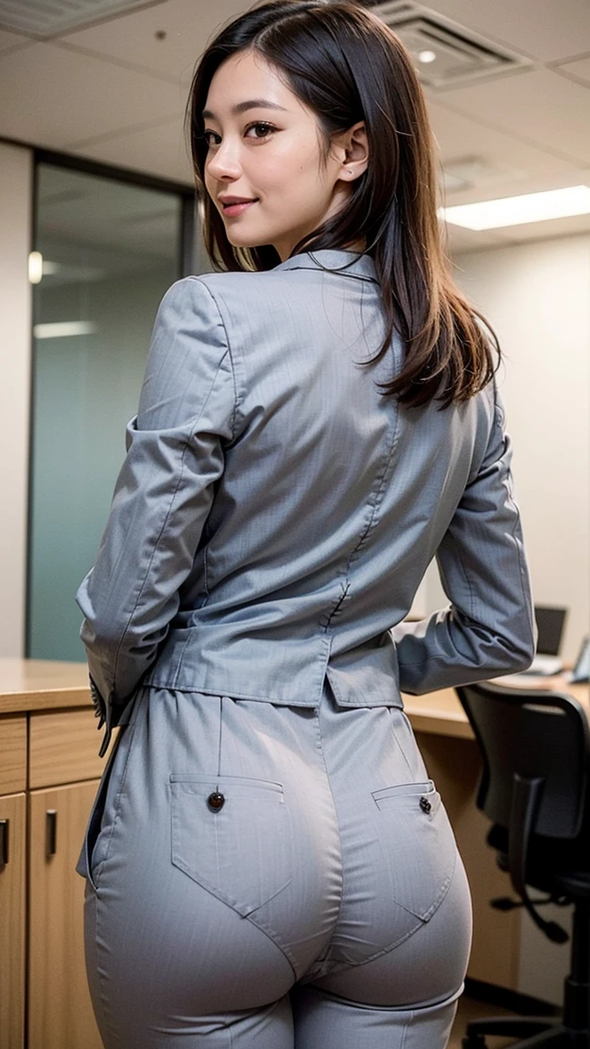 (Top Quality, 8k, 32k, Masterpiece, UHD: 1.2), 1 girl, beautiful Japan woman, thin waist, gray suit, open jacket, office lady, dark blue suit, pants, from behind, office, desk, (sticking out buttocks: 1.2), fine face, short hair,