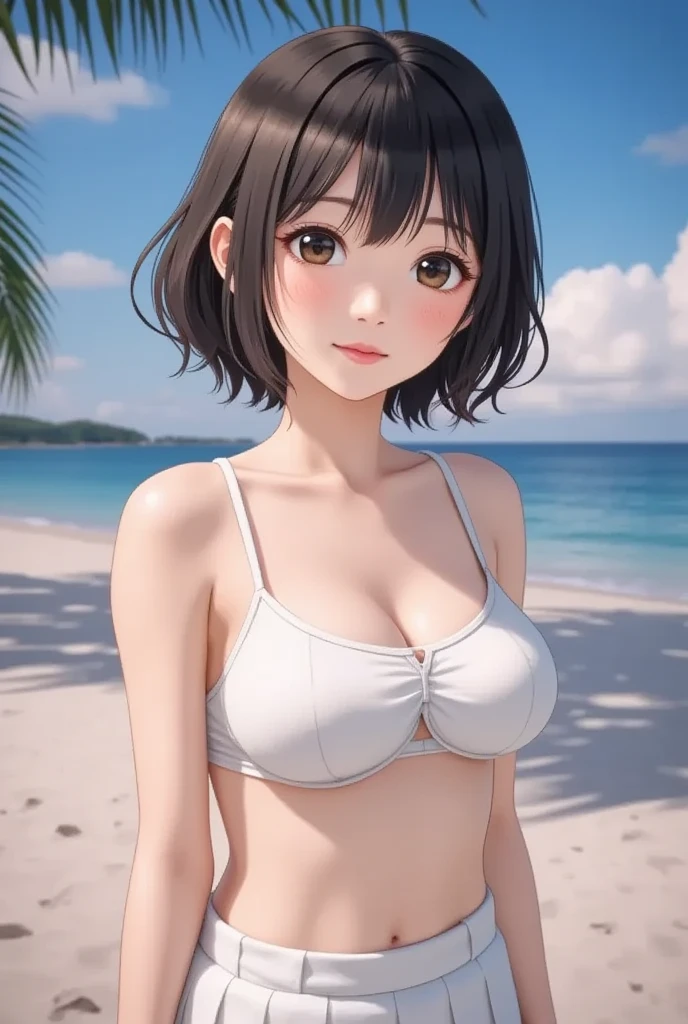 (WALLPAPER, masterpiece, 4k, anime style:1.9, ( detailed beach background, cowboy shot, looking at viewer, big breasts, big giant breast, open mouth, high color saturation, bold lines, bold drawing lines, (strong arms, flat belly, groin), detailed bold arm lines), (strong arms, thick arms), strong light on body, plain, bare body, (large breasts, perky boonimum clothing, taking off shirt, bare shoulders, off-shoulders, bare chest, polished nails, seductive, (very tight plain white micro bikini, wedding veil, white flower wedding crown), no shirt, showing off), , mature female, sunbathing, milf, (curvy:0.8), solo, (short hair, hime cut), (black hair color:1.1), white, flat belly, perfect eyes, white sciera, brown eyes, anime eyes, smoky eyeliner, eyeshadow, perfect face, shy, sharp focus, professional artwork, intricate details, colorful, vibrant colors, vivid colors, digital blending, ultra detailed body, ultra detail hair, ultra detail face, trending on pixiv, smile, happy, very hot colors, sunny day, outdoor,