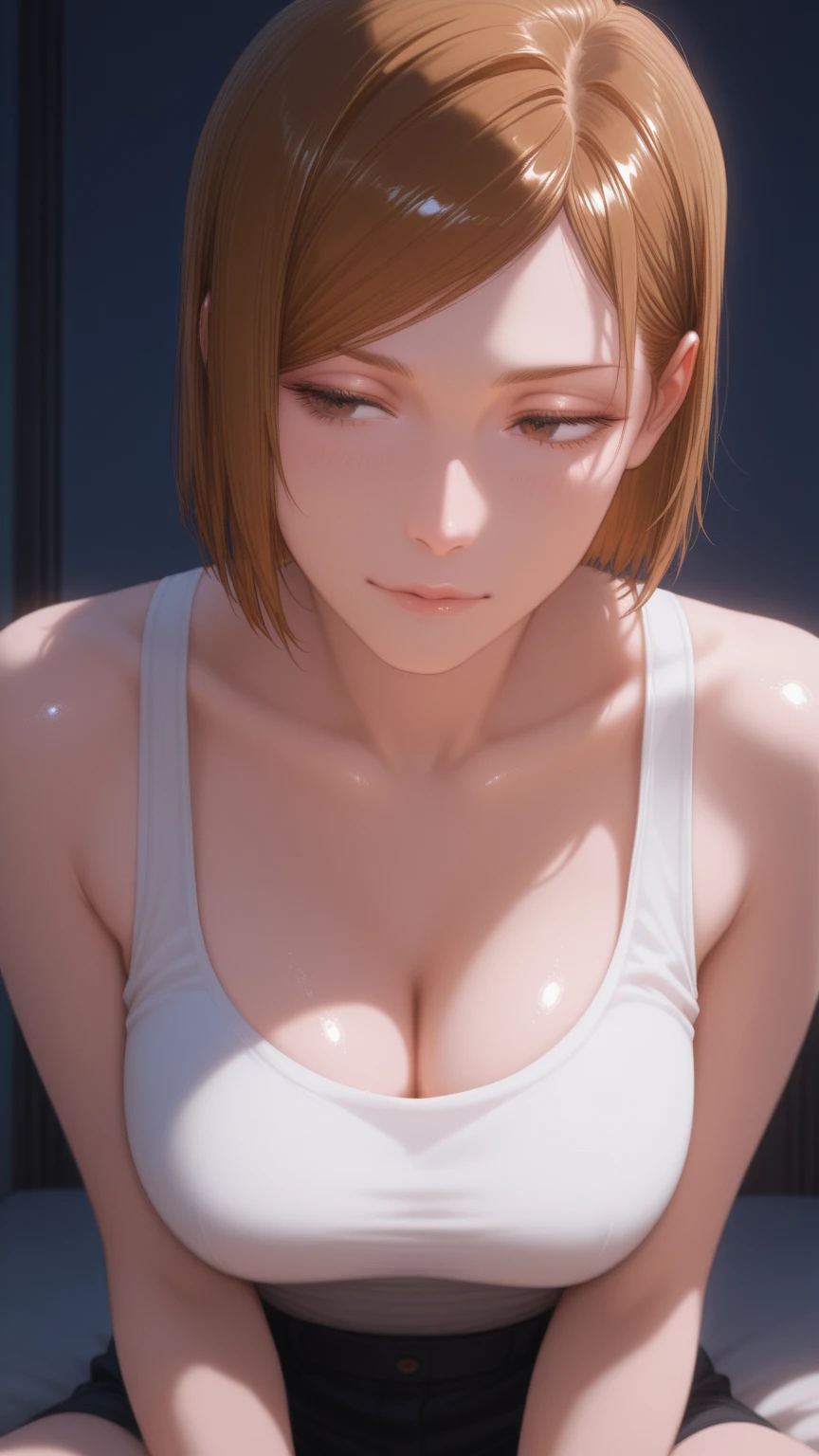 Nobara, ( upper body closeup shot ), ( Bokeh effect), white bikini, wet clothes, see through, clevage, wet, anime,seductive pose, smiling, cute, blushing, ultra high quality, ultra high definition, ultra realistic, 8k, masterpiece
