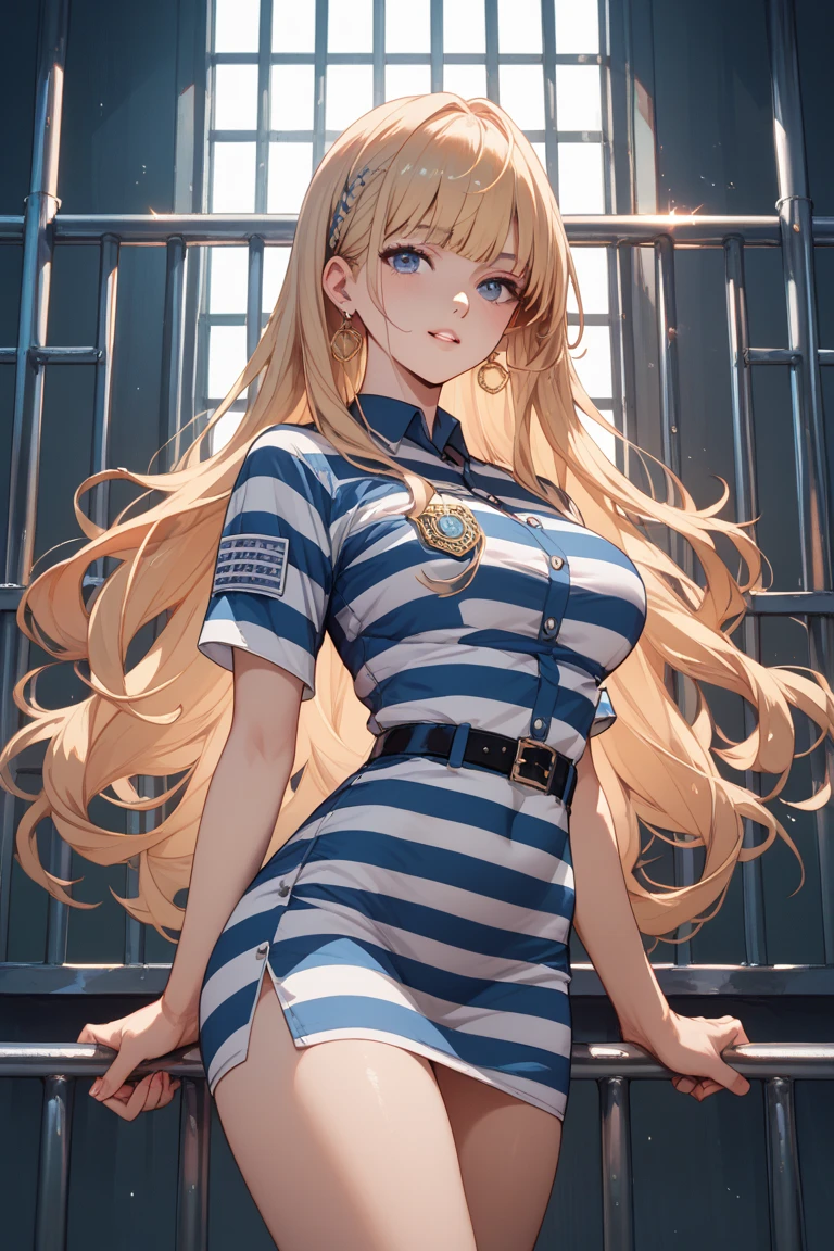girl with blue hair and striped shirt in jail cell, in jail, in prison, in a prison cell, (sfw) safe for work, prisoner, , prison background, marin kitagawa fanart, behind bars, ( ( misa amane # ) ), with prison clothing, ecchi, cell bars, stood in a cell