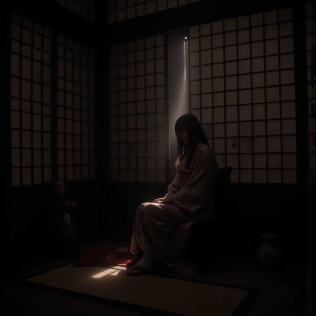 Realistic Japanese horror movie-style images, masterpiece, (Highest quality), (Absurd quality), High resolution, 32K, (Realistic:1.4), Black Hair, {{{Ultra-realistic photos of Mt. Yamamura_Sadako}}}, (((kimono))), {{{Long hair over the eyes, eyes covered, Face hidden in long hair}}}, Spooky Ghost Woman, Abandoned and cluttered house, Dark atmosphere full body shot, Panoramic View, kimono