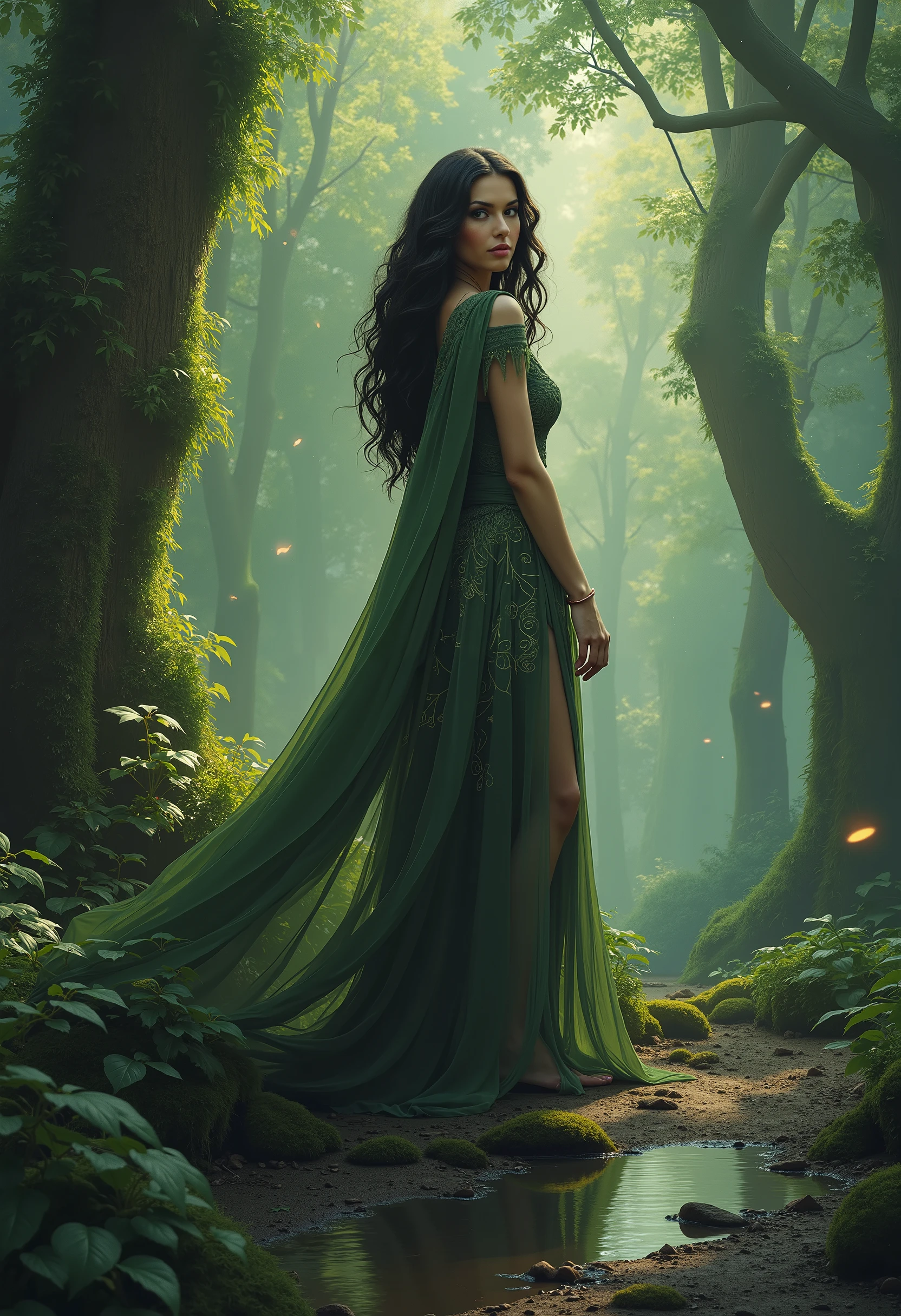 a gorgeous lovely brunette witch stands near a water puddle in the forest . the puddle is separate from the woman.
