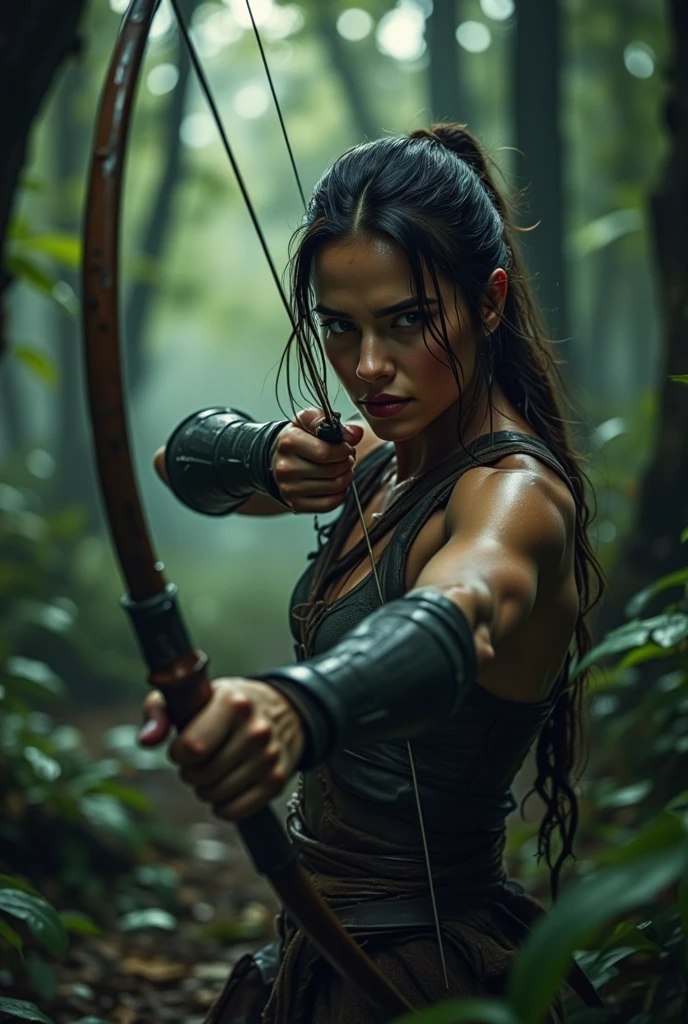 1girl, solo, long hair, looking at viewer, brown hair, holding, brown eyes, closed mouth, weapon, holding weapon, blurry, lips, eyepatch, freckles, bow \(weapon\), realistic, nose, arrow \(projectile\), holding bow \(weapon\), aiming, holding arrow, drawing bow, archery