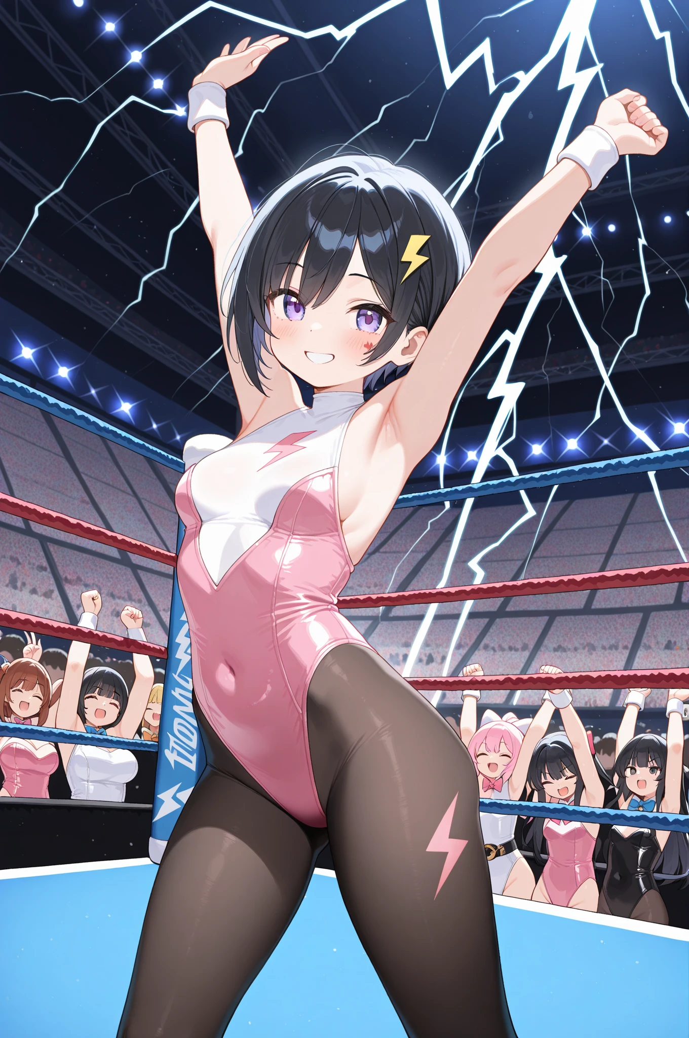 Highest quality、Very delicate and beautiful、I、I、Idol、、Japanese、in addition、Chiquita、Black short hair、((White and pink leotard))、、Standing in a wrestling ring、Wrestling boots,discovery,Professional wrestling matches