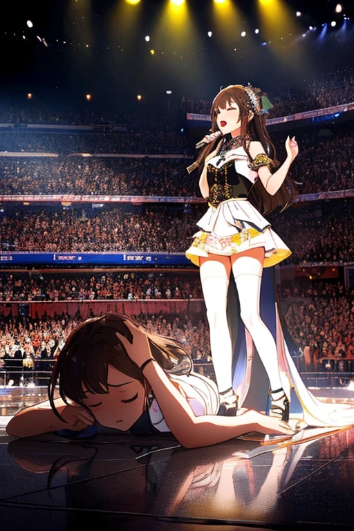 ((((1girl,tall stature)))and(((1shota boy,short stature)))),hetero, (1shota boy:1.4),(short stature:1.4),(short penis:1.4),dark-skinned shota boy,interracial, smug, BREAK 1girl,(tall stature:1.4),(fighter:1.4), medium hair, straight hair,black hair, dark eyes, medium breasts, pale skin,shiny skin, (ahegao:1.4),(trembling), erectile nipples, BREAK ((she wears princess dress, black pantyhose)), (cum:1.4),cum in pussy,(cum on clothes:1.4), cum on breasts,cum on body,cum facial, bukkake,cum in mouth,cum on hair,(excessive cum), BREAK ((vaginal,sex)), (missionary position),(lying on back),from above floor,clothed sex, intercourse with a shota boy, (wrestling ring), (((masterpiece))),(((best quality))),((ultra-detailed)),(illustration),((an extremely delicate and beautiful)),(detailed background),