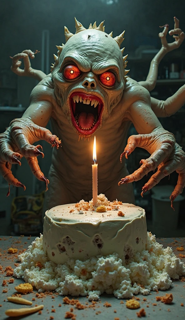 varaffes is being fed a cake with a candle in it, movie still of the alien girl, the thing 1 9 8 2, the thing 1982, 1 9 8 6 movie screenshot, screenshot from the 1983 film, 1 9 8 0 s cgi, cosmic horror entity, john carpenter body horror, movie screenshot --auto --s2