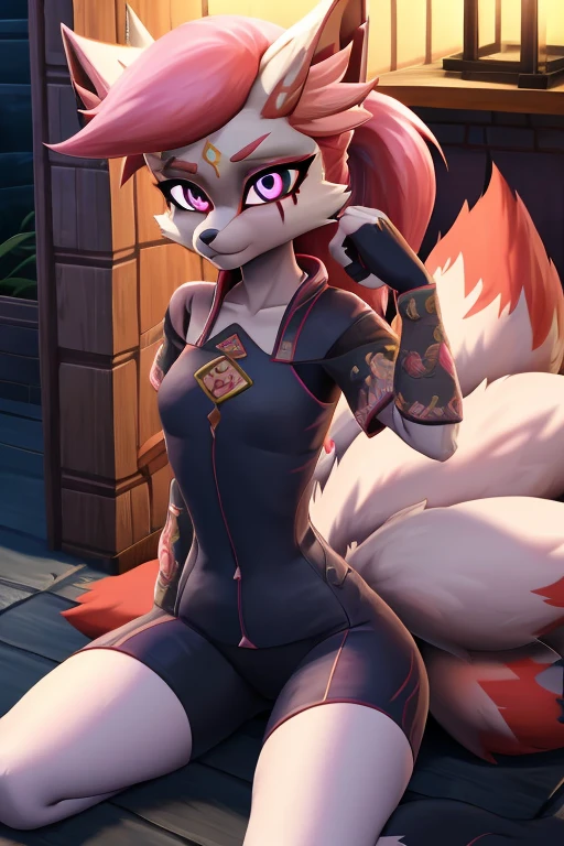 Kimiko five-tails, skin tight outfit, fangs, white fur, face markings, cleavage, tail, butt, seductive, pink hair, pink eyes, 1girl, sakura tree in background, masterpiece, realistic, best quality, ultra detail, ultra high res, extreme detail, highres, 8k, uhd