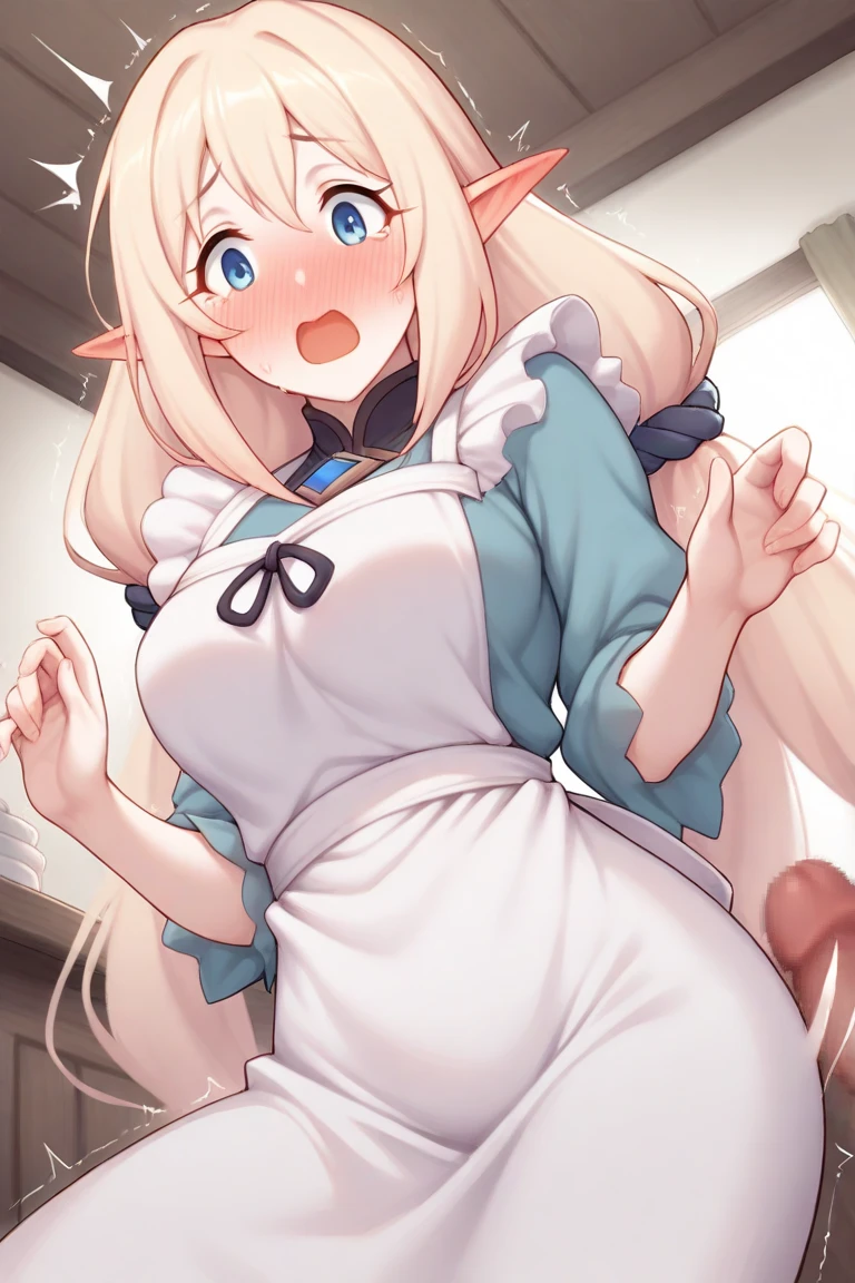 (wearing nothing:1.5), large breasts, ,Slicing meat, , 1girl, , twin tails, green eyes, , short hair, church, elf, blonde hair,, bedroom, blue sky, Nipples, , Peeing, lactation, projectile lactation