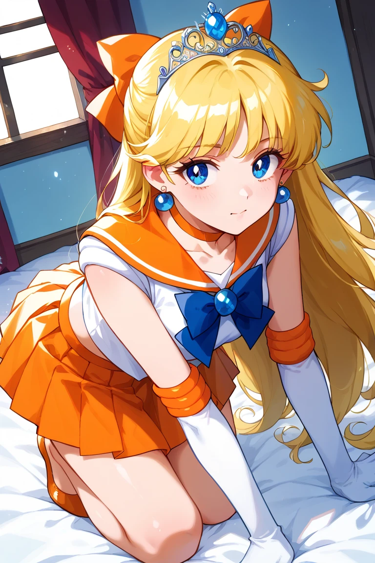 (A superb exquisite Sailor Venus), (Sailor Venus:1.5), (aino minako), (Sailor Senshi Uniform), (red ribon), blue eyes, Yellow hair, natural straight hair, straight bangs, solo, nature, extremely delicate, straight facial features, peerless beautiful girl, soft, (sensual face), ((ecchi face)), dreamy quality, exaggerated facial features, solid color, frank holly, delicate face, bright lips, slender waist, soft curves, real light and shadow, super fine, 4k, natural moving, Ultra high resolution, (masterpiece:1.2, best quality), (finely detailed beautiful eyes: 1.2), (beautiful detailed face), sexy nude model, sexy pose, (midium chest), (Perfect Body Proportions), (bedroom), Mekosuji, Spread your legs a little and show off your crotch,