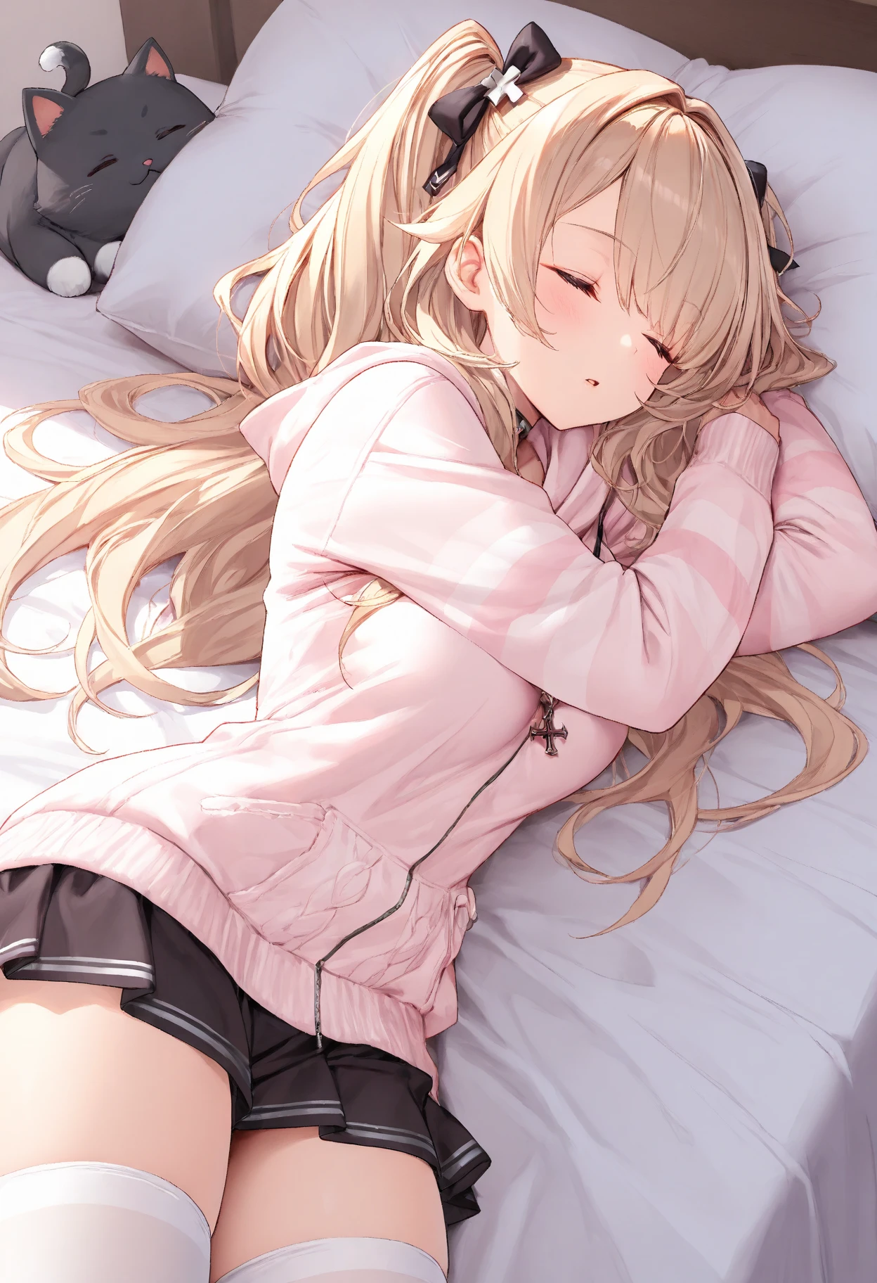 masterpiece,highly detailed, {{1girl}},solo, girl,[embarrassed], perfect lighting, evening, sunset,full body,big bed,lying on bed,on back,where the setting sun shines in,16 yo girl, hairpin,blonde hair, wave hair+ long hair, hair extensions, closed eyes, (tanned skin: 1.2), ((long sleeve pink hoodie)),(((black gym shorts,shorts around one leg))),show Belly button,((show bra)),((show striped panties)),((full body)),Placing hand over mouth,(((full-face blush,sweatdrop))),Hires.fix,arms raised,Volumetric Lighting, Best Shadows, Shallow Depth of Field, (Highest Quality, Amazing Details: 1.25), Brilliant Colorful Breasts (Huge breasts: 1. 2,),(((spoken heart))),,, 