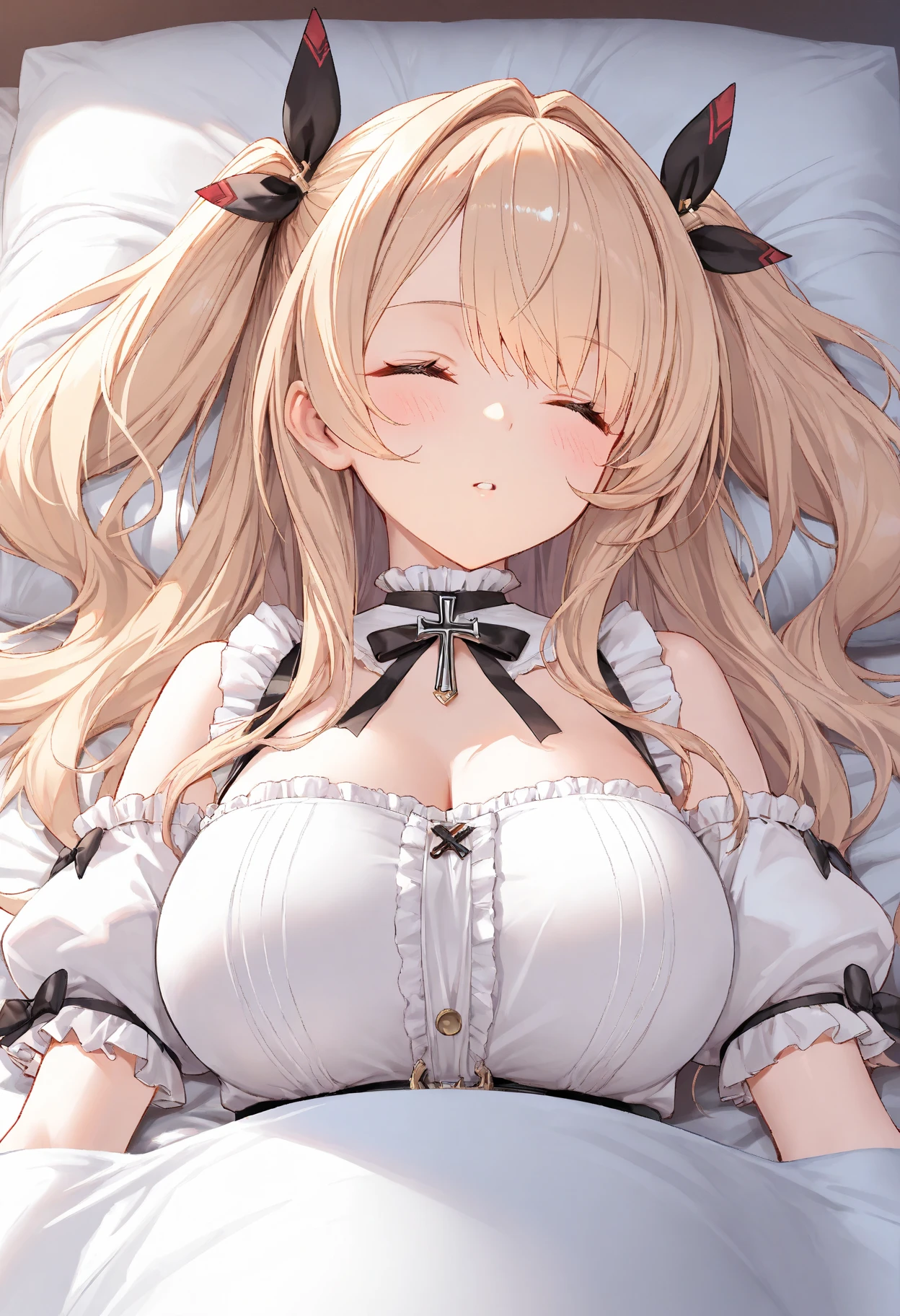 Masterpiece, Best quality, high resolution, 1girll, Solo, Oversized fox tail,(Long brown hair_Sideways French braided hair),Small flower headdress, (27years old,Big breasts wife)_Mature female figure_d杯,Modern architecture,The wife fell asleep in bed_Completely in bed,(Close your eyes:1.3)_(Slept soundly),Looks like a sweet dream,Close-up of upper body,Wear sexy white pajamas,ssmile,
