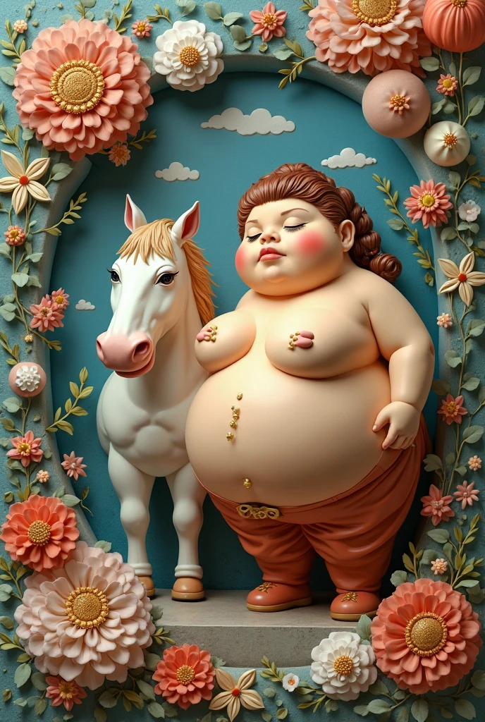 A fat brown mare pregnant with 20 foals stands next to a wedding cake on the side of a field she starts eating the cake and her belly is the size of the house next door with 4 legs and a fat meaty ass and a pregnant belly hanging down her body while burps come out of her mouth and gas comes out of her ass