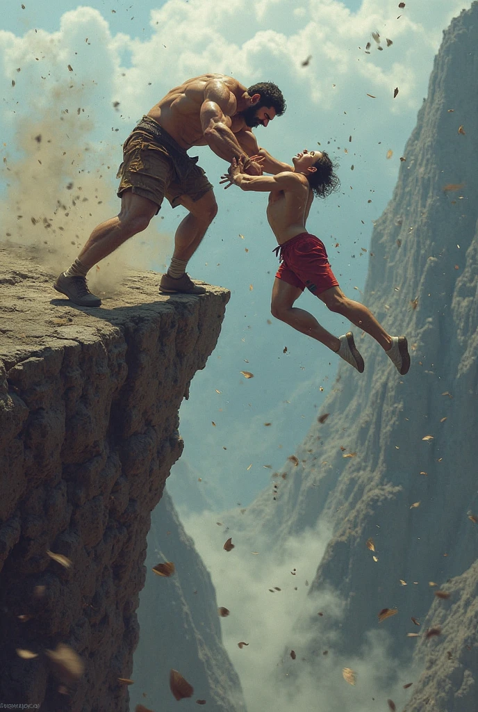 A father holding the hand of his teenage son who is falling off the cliff