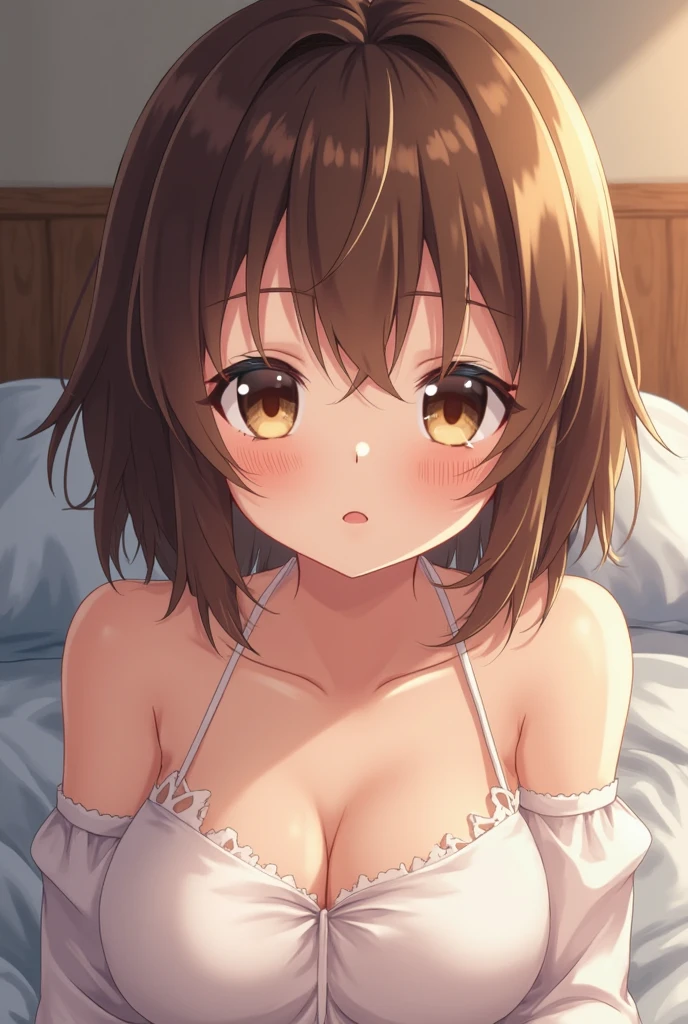 A cute teenage anime girl laying on a bed with zero clothes(1.5) and brown hair and freckles and grinning at me with her legs facing toward me showing me her pussy