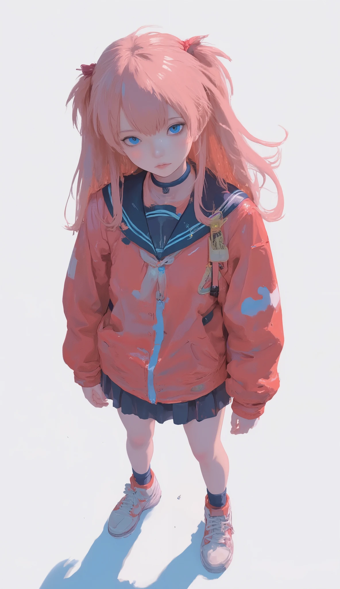 Pink bob haircut with bangs, wearing a red and blue oversized jacket, sailor style uniform with dark skirt, colorful sneakers , Standing pose seen from above with the head down, Turn the head down , focus gaze, Combining natural and dyed hair, white background, Strong directional lighting creates pink and blue shadows, Modern, stylish atmosphere, high angle, Clear Sharp Focus