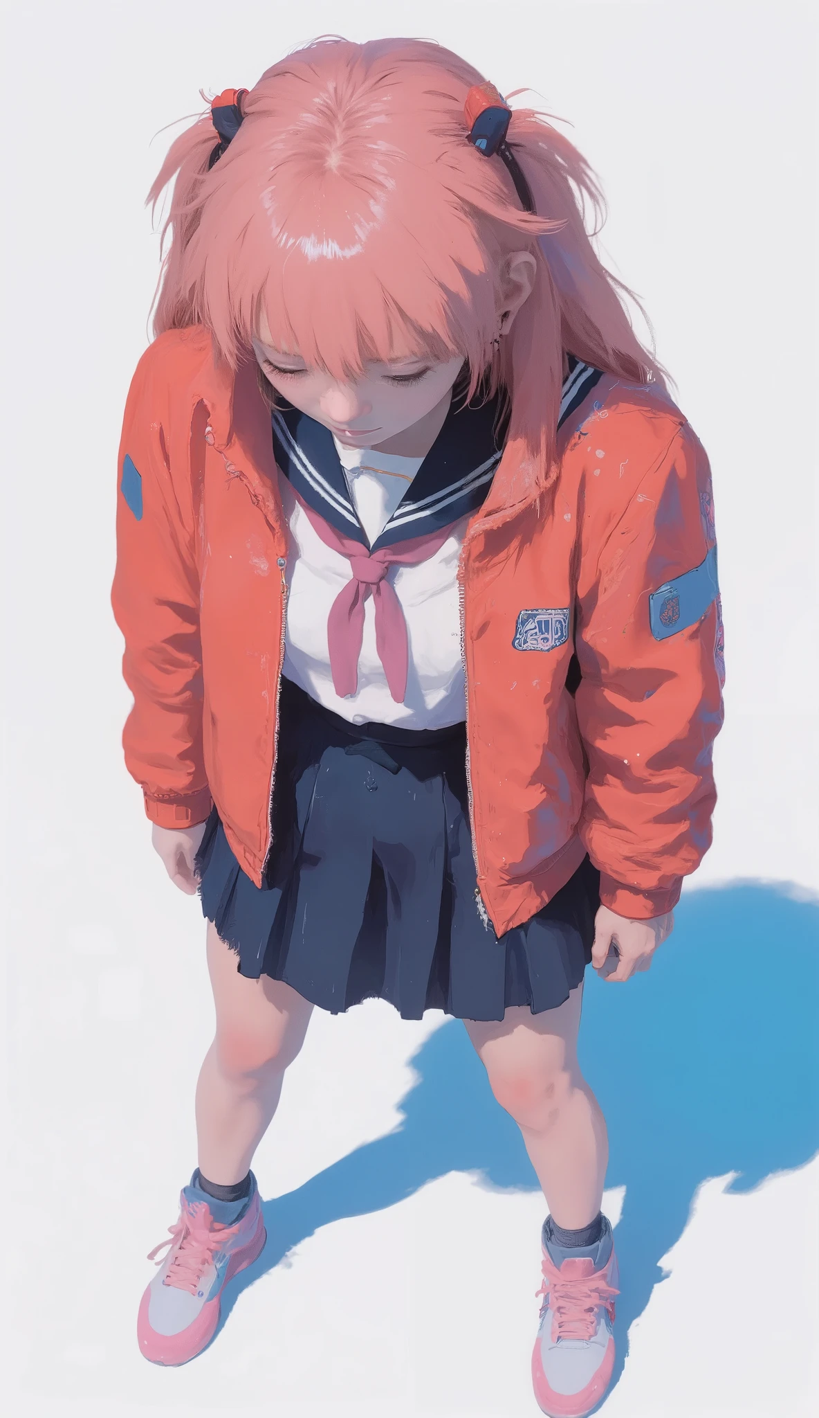 Pink bob haircut with bangs, wearing a red and blue oversized jacket, sailor style uniform with dark skirt, colorful sneakers , Standing pose seen from above with the head down, Turn the head down , focus gaze, Combining natural and dyed hair, white background, Strong directional lighting creates pink and blue shadows, Modern, stylish atmosphere, high angle, Clear Sharp Focus、watch viewers