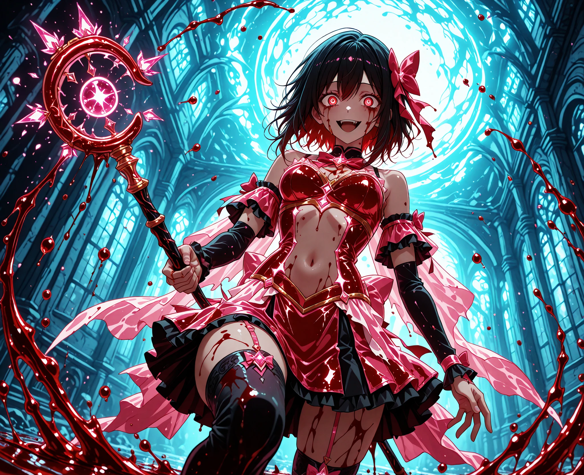 blood on splash, blood drip,blood splatter, blood splash, splash, liquid,Simple Anime Style, JJK Anime Style, line_art, simple_lineart, flat_color, limited_palette, minimal_shading, clean_background, smooth_lines, no_texture,bioluminescent elements, magical light, glow bioluminescent elements, glow magical light, mystical atmosphere, captivating atmosphere, ethereal elements, exude charm and wonder,1girl, masterpiece, crazy eyes, crazy smile, yandere, yandere trance, yandere magical girl, magical girl outfit, midriff, navel, zettai ryouiki, bloody, blood on face, blood on clothes, blood on magical girl staff, from below, convenient censoring, floating above viewer, action pose, dynamic pose, dynamic angle, (foreshortening:1.3), cinematic lighting, cinematic shadows,