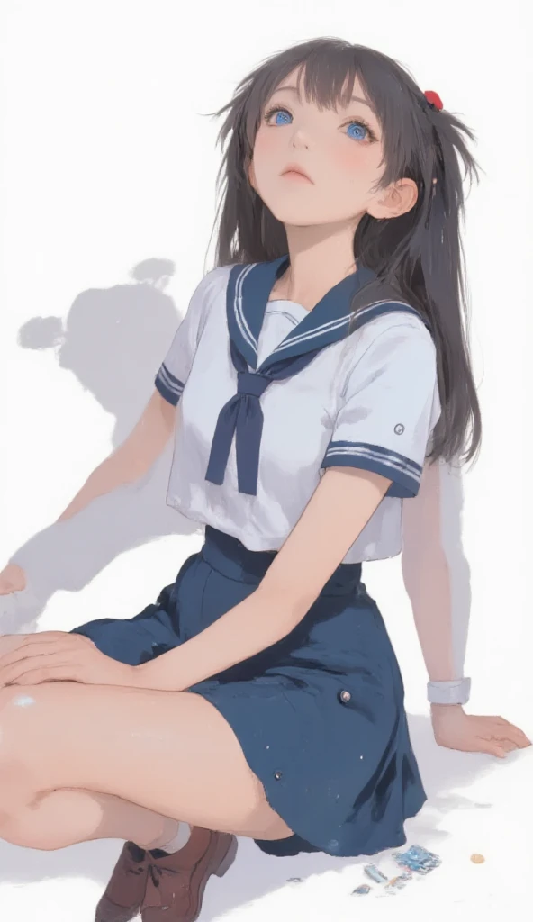(masterpiece,highest quality,ultra high resolution),japanese woman, (((very beautiful 12 year old girl))), pretty girl、look at the photographer、 ((beautiful low ponytail)), super cute face, glossy lips, double eyelids in both eyes,natural smile、 natural makeup, long eyelashes, Shiny and smooth hair、center image, perfect limbs, perfect anatomy,(((White football uniform))),(wet with sweat),,See-through, underwear cover uniform, soaked uniform