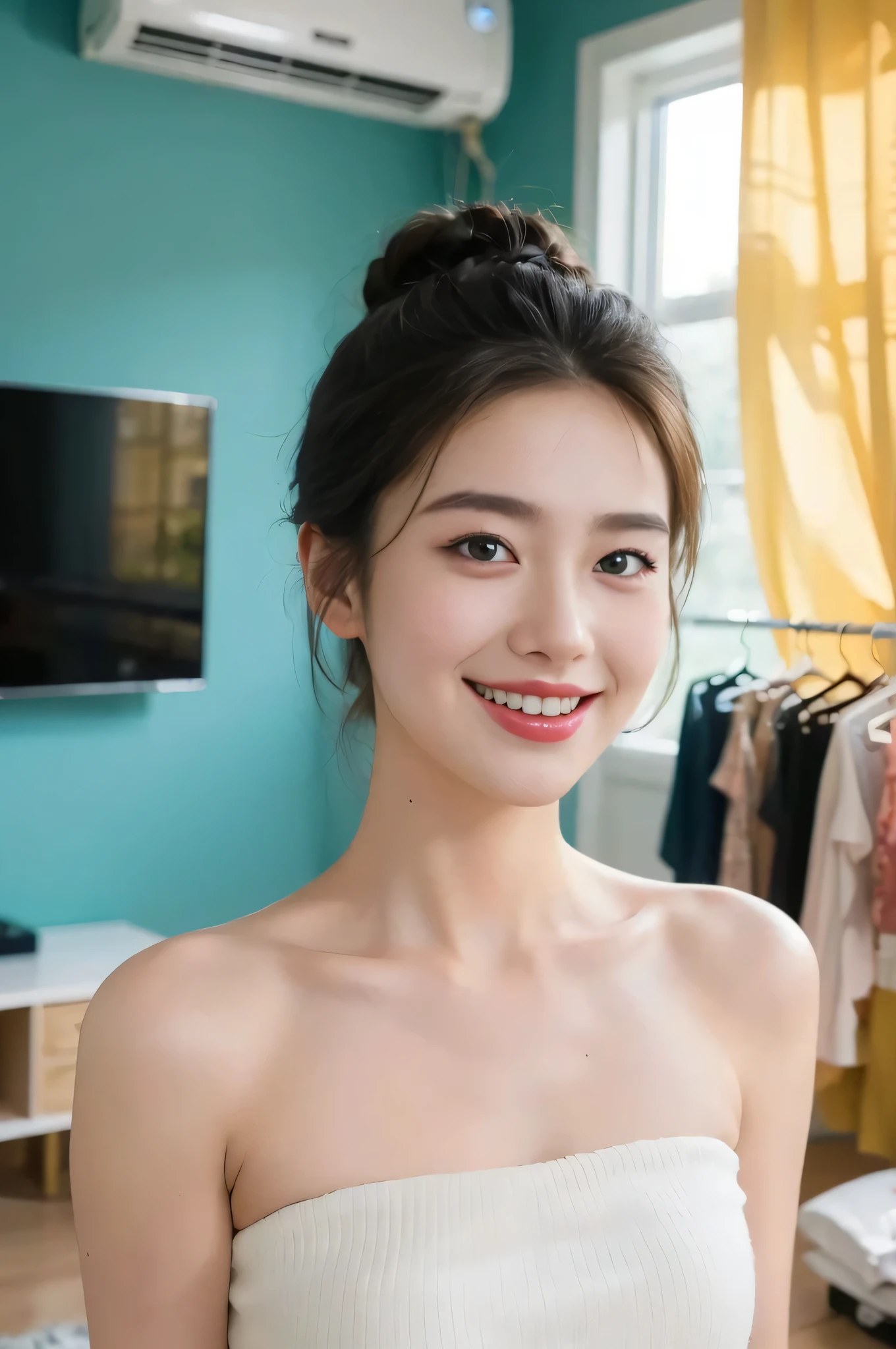 ((top-quality、、masterpiece:1.3))、1girl in、Beautiful woman showing slender armpits:1.3、pony tail hairstyle、Bath towel wrapped around body、bathroom、Super detailed face、detailedeyes、double eyelid、hairarmpits、pulling the hands up、Armpit、Wet body、Real and Detailed Skin、Realistic and detailed armpits、Armpits glowing with lights、red lipsticks、smil、realisitic
