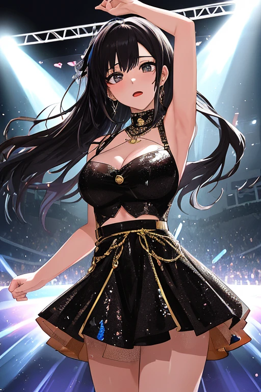 (8k, Ultra-high resolution, The best masterpiece, best quality:1.2), Very detailed, Complete Solution, (actual, actual photo: 1.37), portrait, focus on eyes, HD RAW photos, career arrest, High quality and beautiful, 超高清 8k 影像照片, confess, Professional photography, Very detailed的美麗女孩, Super delicate face shape, Contoured eyes, (Very detailed eyes), Precisely shaped nose, expressive lips, Delicate skin, (HD Skin:1.2), Neatly contoured fingers, Every feature is carefully displayed, (25:1.2), Twenty generations, cute girl, Beautiful mature lady, solo, k-pop artist, Very beautiful Korean singing idol, (Sing:1.2) (Dynamic dance performance poses:1.2), Vibrant look, (Creative colorful idol skirt:1.2), shiny decoration, top idol, Dynamic long hair, sparkling amber eyes, red lips, Heavy makeup, Big breasts, (Hold the microphone), one hand raised, Sensual dance, powerful dance, (music stage) Indoors, large concert, (neon lights:1.3), stage spotlight, (Colored spotlight), swirl pattern, (audience:1.2), (A group of energetic and passionate fans:1.4), perfect anatomy, Detailed background, HD Background, , (Volumetric lighting, Dynamic lighting:1.2), actual, stunning details, 8k Ultra HD, high quality, CG unity, C4D Rendering, 3D Rendering 